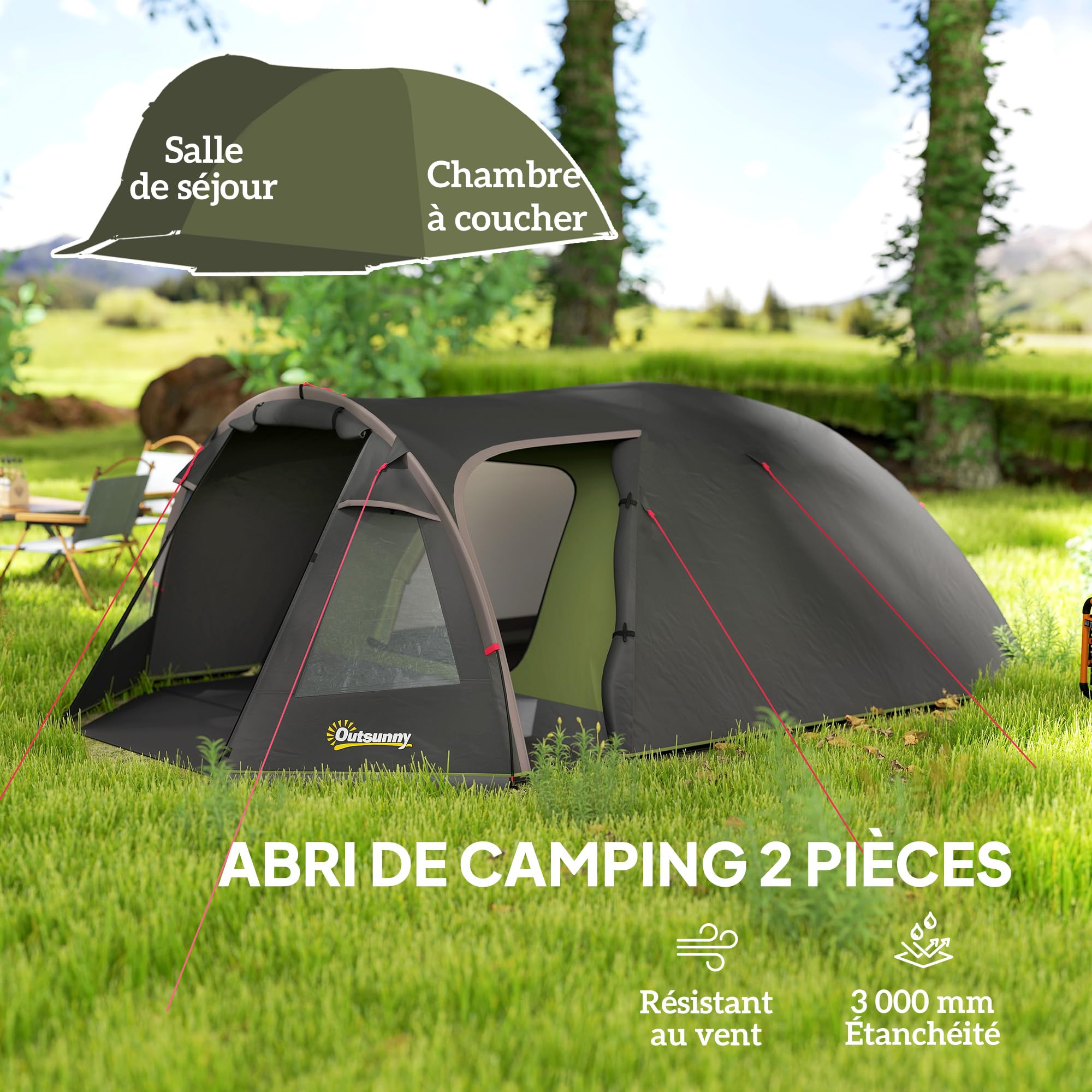 Outsunny Tente de Camping familiale pour 2-4 Personnes, Tente Tunnel imperméable 3000 mm avec 3 Portes, fenêtres, Sac de Transport, pour Camping Voyage randonnée Jardin, Noir