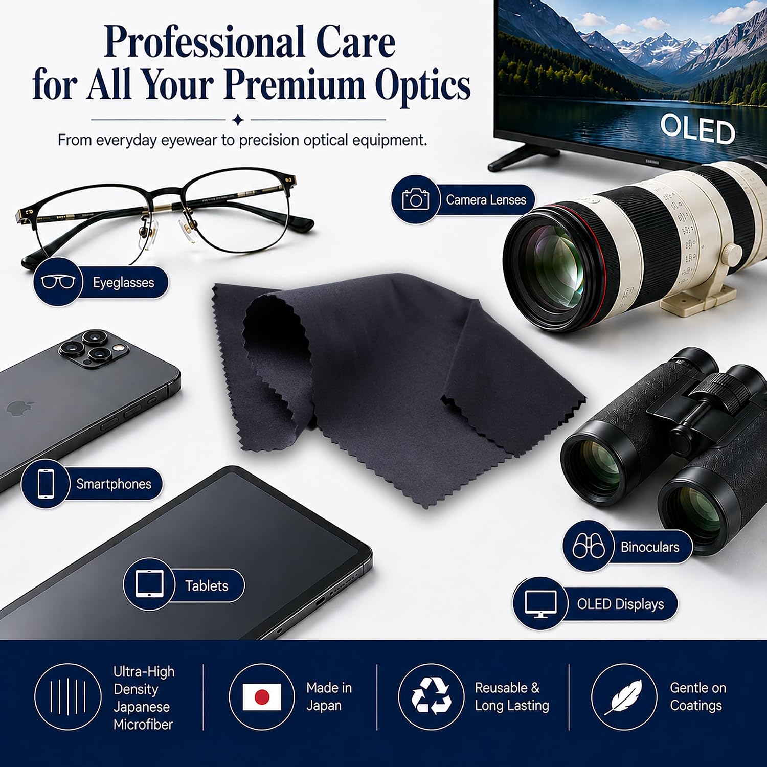 MISATO Densa™ | Eyeglasses & Camera Lens Cleaning Cloth | Premium Japanese Ultra-High Density Microfiber | Made in Japan | Glasses, Premium Optics, Phones, Tablets & Screens | Black | 2-Pack | 8×8 in