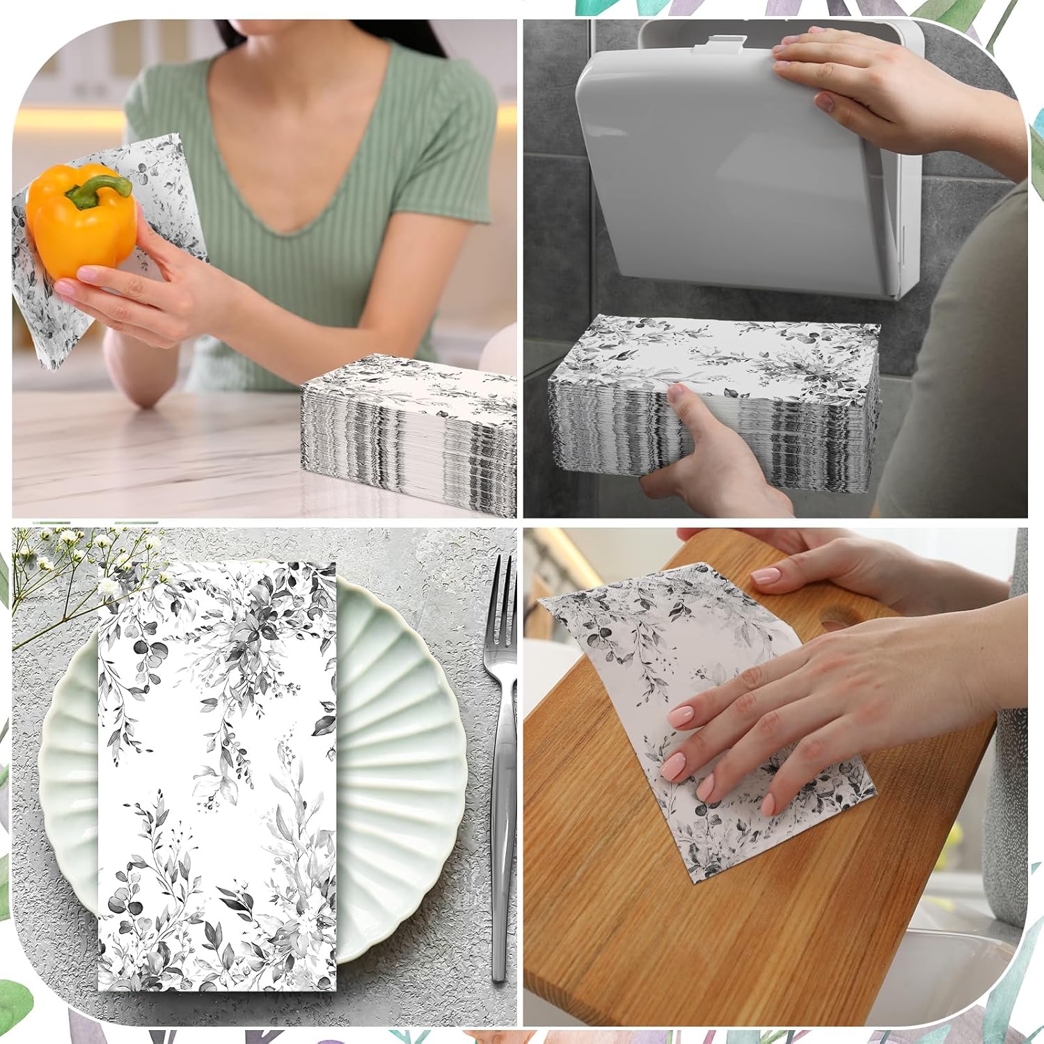 Seajan 200 Pcs Paper Guest Napkins Disposable Hand Towels for Bathroom Paper Disposable Guest Towels Napkins for Spring and Summer Wedding Bathroom Birthday Dinner Party(Gray Eucalyptus)