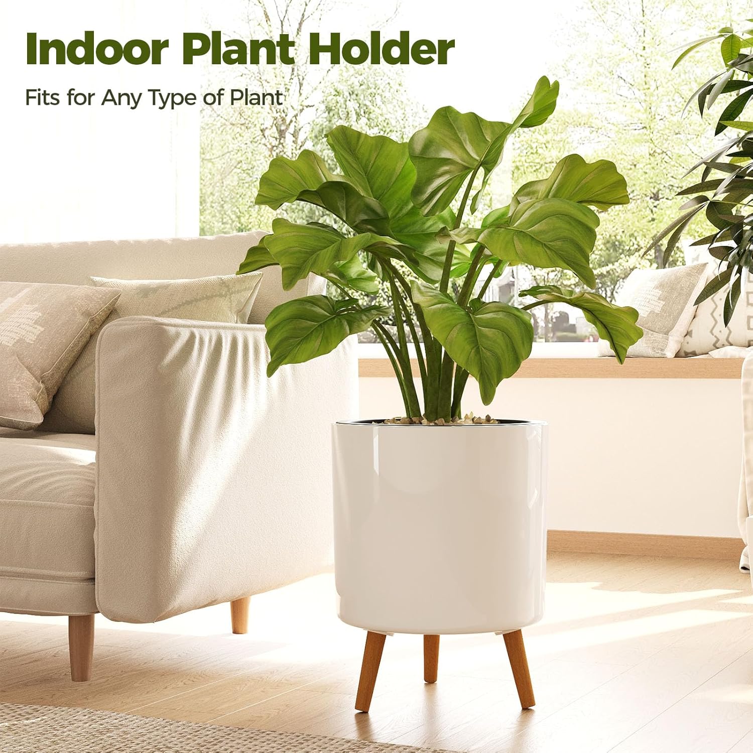 Bamworld Self Watering Pots for Indoor Plants with Water Level Indicator 12 inch Plant Pot Plastic Planter with Wooden Stand for Outdoor Plants Modern Décor for Porch Patio White Large