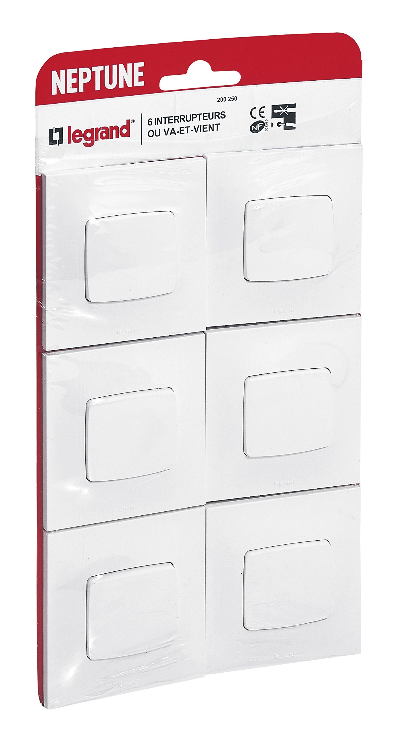 Legrand - Lot de 6 prises de courant avec terre Neptune - Blanc & - Lot de 6 interrupteurs ou va-et-vient Neptune - Blanc
