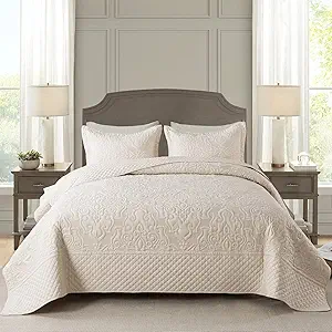 NEWLAKE Quilt Bedspread Set, Beige Jacquard Embossed Floral Pattern Reversible Embroidered Microfiber Coverlet Sets, Queen Size