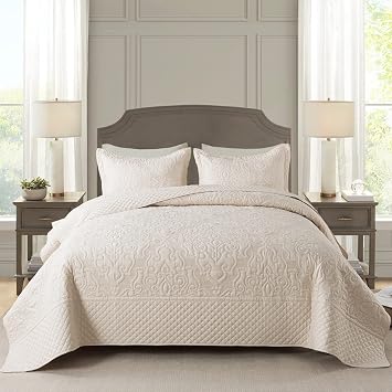 NEWLAKE Quilt Bedspread Set, Beige Jacquard Embossed Floral Pattern Reversible Embroidered Microfiber Coverlet Sets, Queen Size