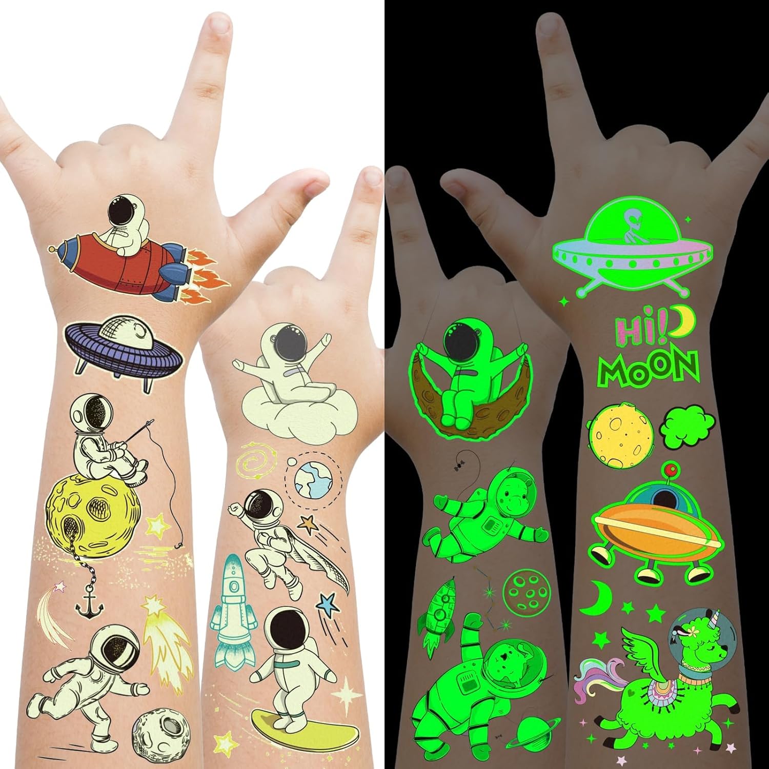 EMOME 30 Sheets Glow Space Temporary Tattoos Kids, Luminous Kids Tattoos Temporary for Boys and Girls, Tattoo Stickers Kids for Space Party Favors Supplies Decorations