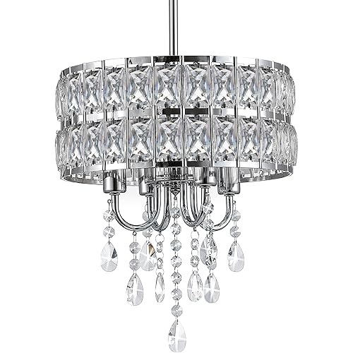 Semi Flush Mount Drum Crystal Chandelier Lighting, K9 Crystal Modern Chandelier Light Fixture 4-Lights Deluxe Raindrop Farmhouse Pendant Light for Kitchen, Dining Room, Bedroom, Adjustable Height