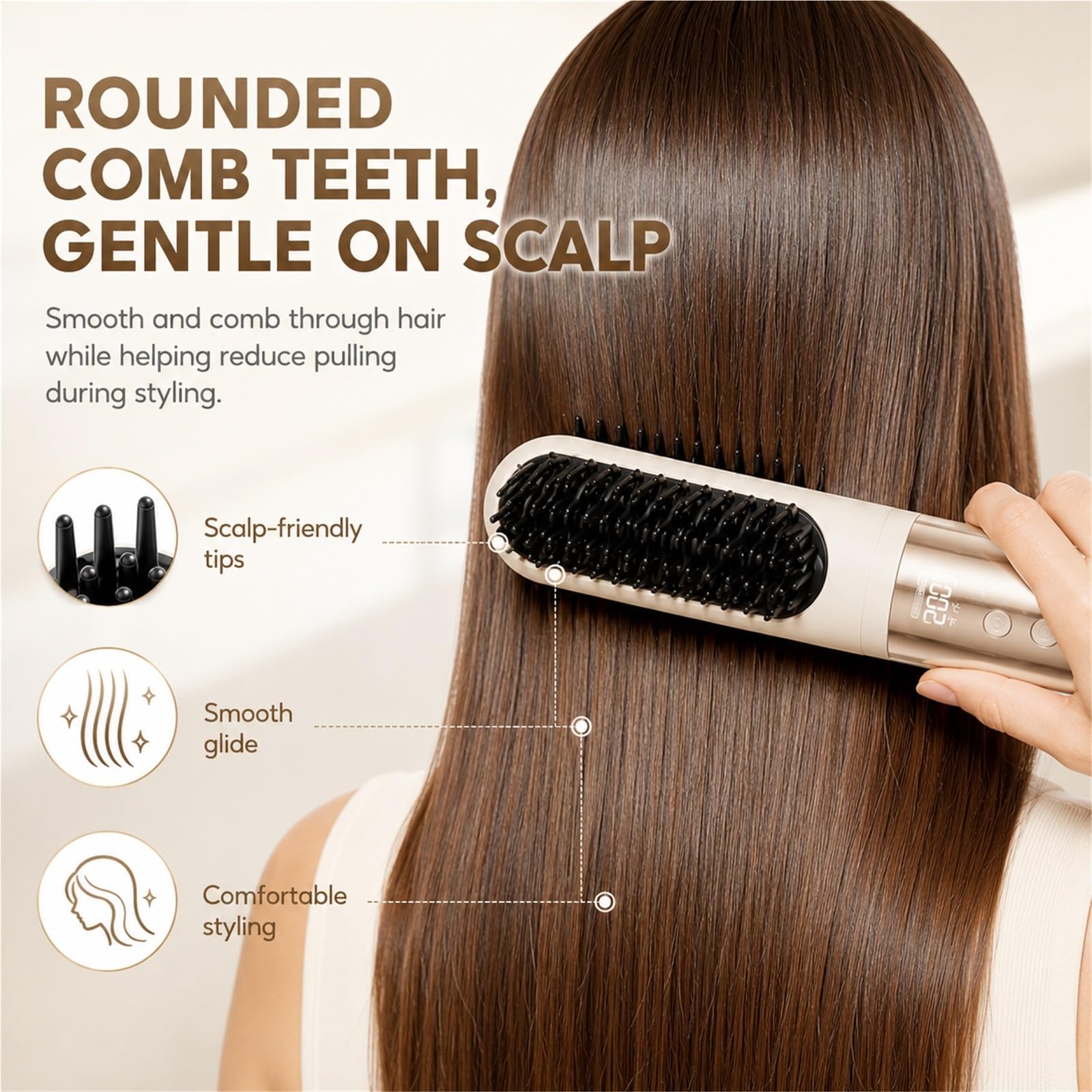 Cepillo Alisador de Pelo Inalámbrico Portátil, Plancha de Pelo con Función de Aire Frío y 200M Iones Negativos, 3 Niveles de Calor, USB-C Recargable para Viajes | Beige
