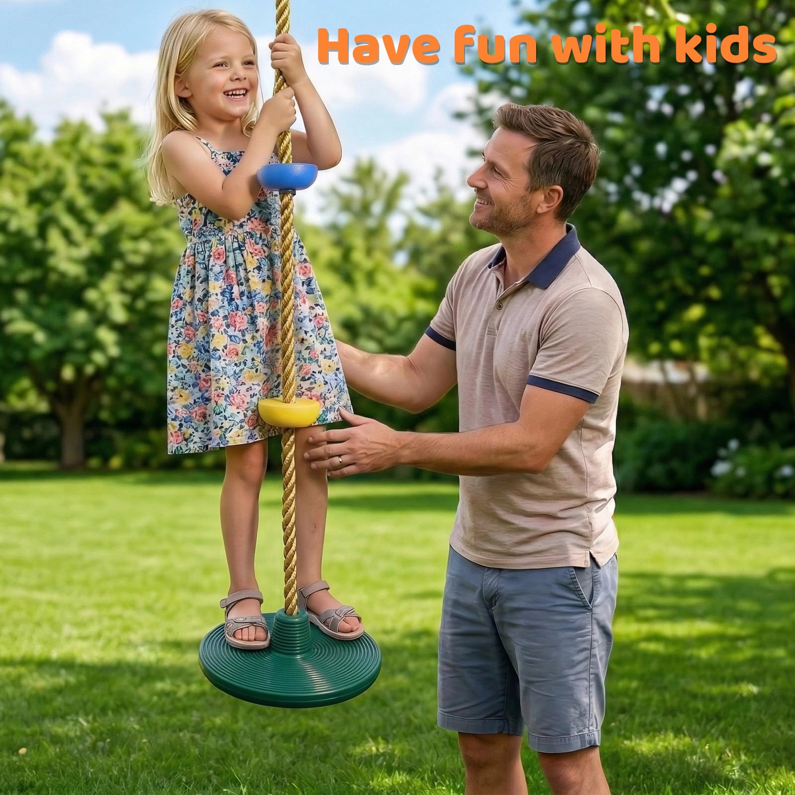 Vdealen Altalena a corda, altalena da esterno per bambini con sedile a forma di frisbee, ideale per giardino e cortile, per adulti e bambini, lunga 1,9 metri.