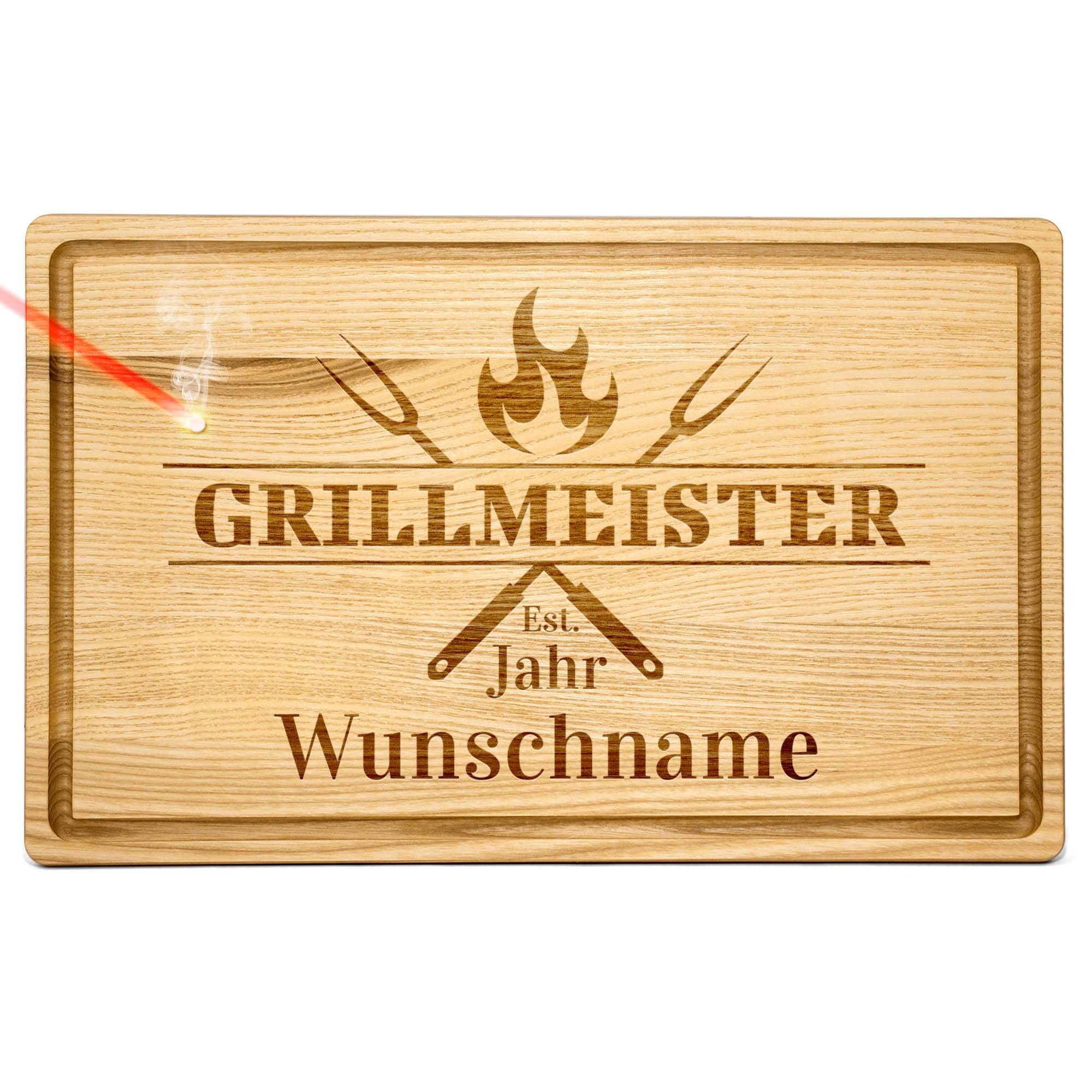 PR Print Royal Großes Holzbrett mit Gravur - Schneidebrett personalisiert mit Name und Jahr - Grillmeister est. - Geschenke für Grillfans | Eschenholz, 40 x 25 x 2 cm, personalisiertes Geschenk