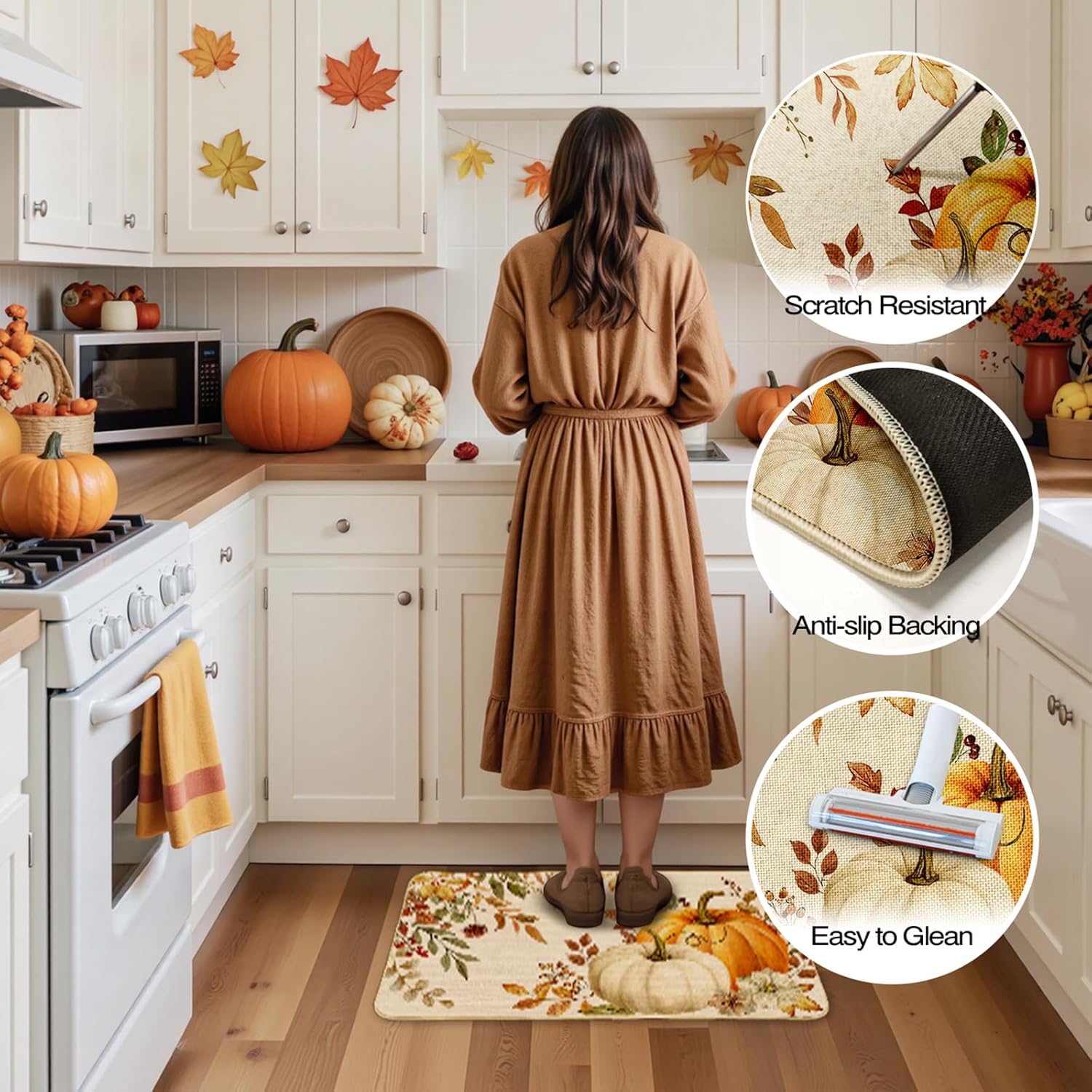 Mocsicka Fall Pumpkin Kitchen Rugs Set of 2, Hello Pumpkin Fall Flowers Non Slip Kitchen Mats Autumn Home Decor Kitchen Floor Rugs for Hallway Laundry Room, 17"x30"+17"x47"
