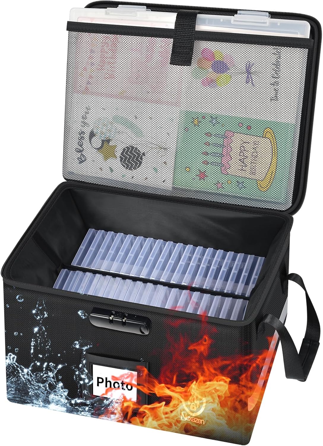 Fireproof Photo Storage Box with Lock, Holds 36 Inner 4"x6" and 3 Large 8"x12" Photo Cases, Waterproof Picture File Organizer, Portable Photos Boxes Containers for Valuables, Photos, Crafts, Documents