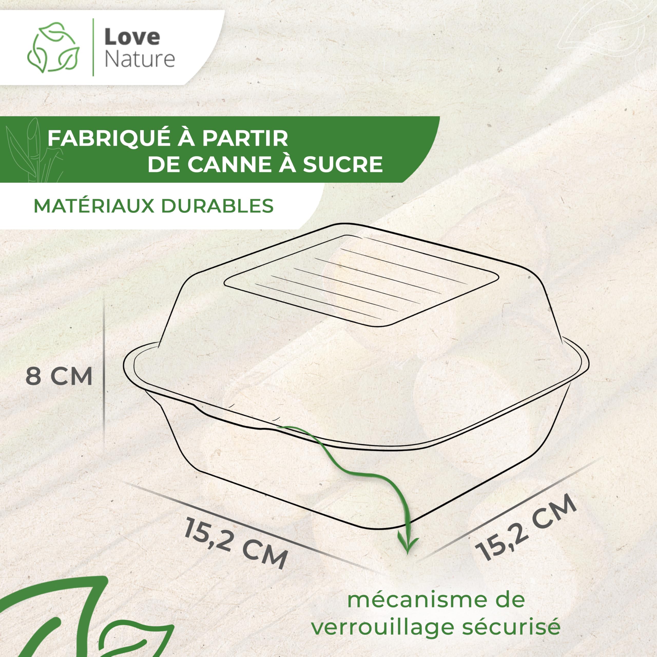Love Nature Boite Burger 50 pièces - Boite Jetable Écologique pour Hamburgers - Vaisselle Jetable Canne à Sucre - Boîtes à Menu Jetable