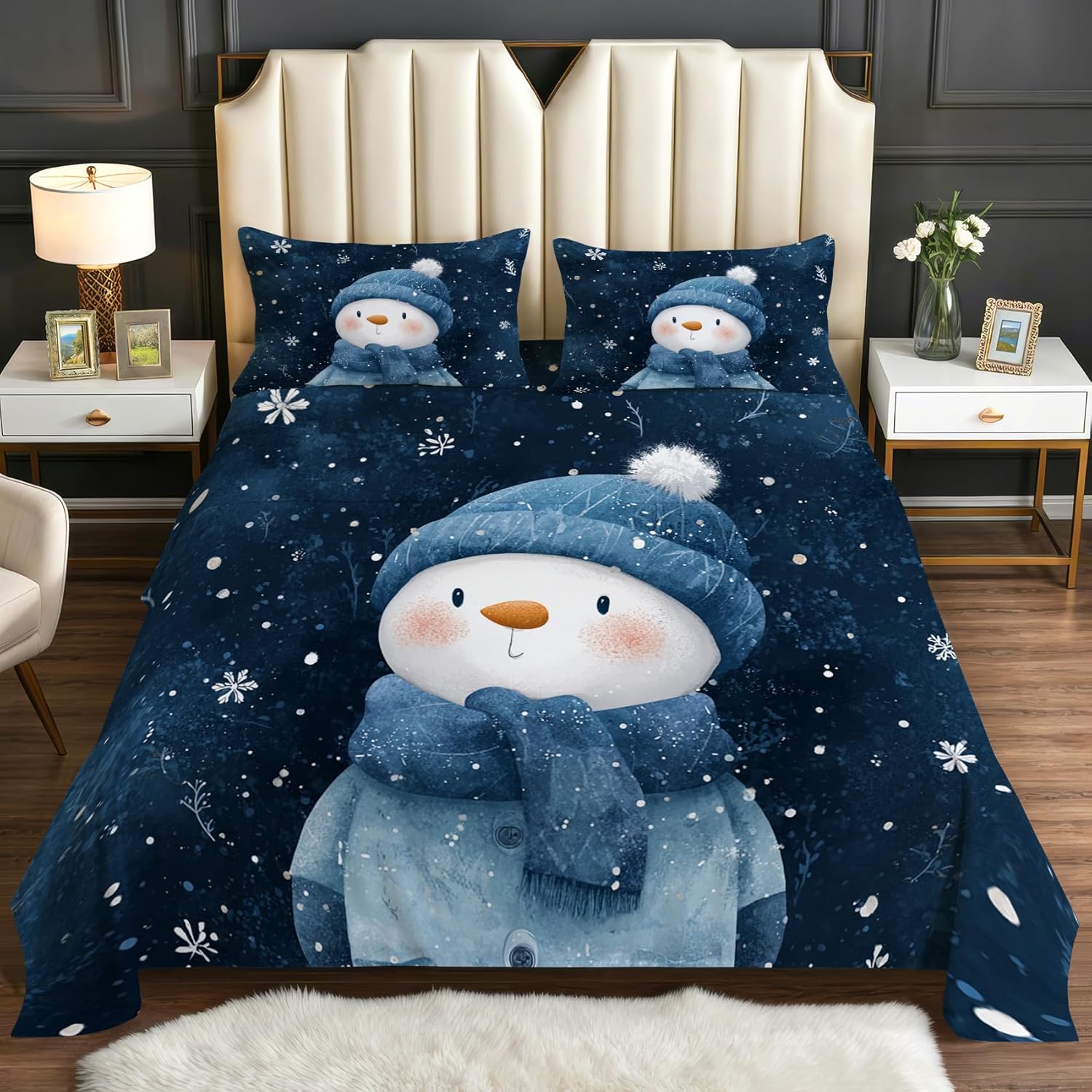 Snowman Sheets Queen Size - Cute Christmas Navy Blue Winter Snowflake Bed Sheet Set - Deep Pocket Soft Microfiber Bedding Set 4 Piece - Fitted Flat Sheet Pillowcases - Xmas Bedroom Decor & Gifts