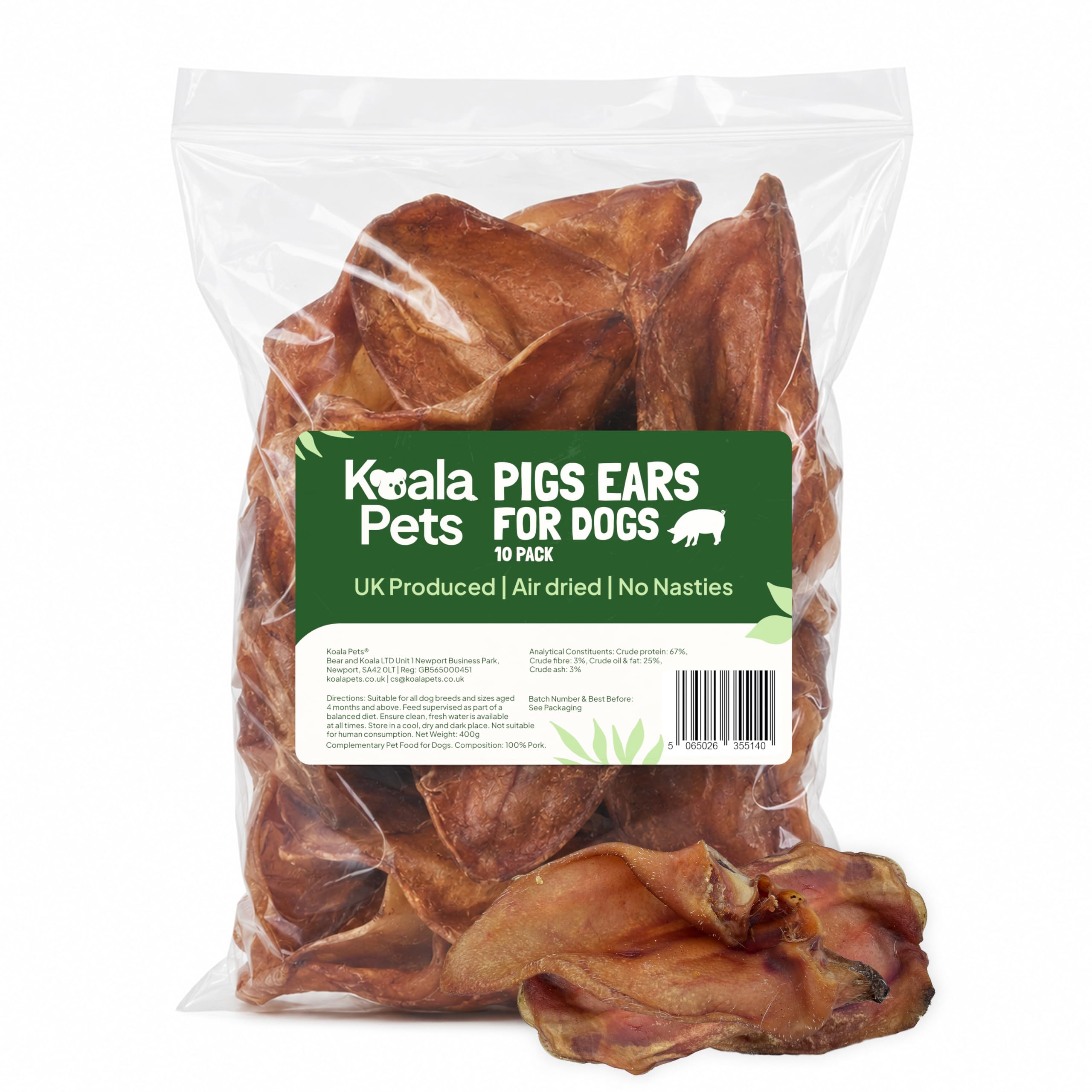 Koala Pets Pig Ears for Dogs 10 Pack, Natural Dog Treats & Dog Chews, Long Lasting Natural Dog Chew, Pig Ears Dogs Large & Small, Grain Free Chews for Medium & Large Dogs