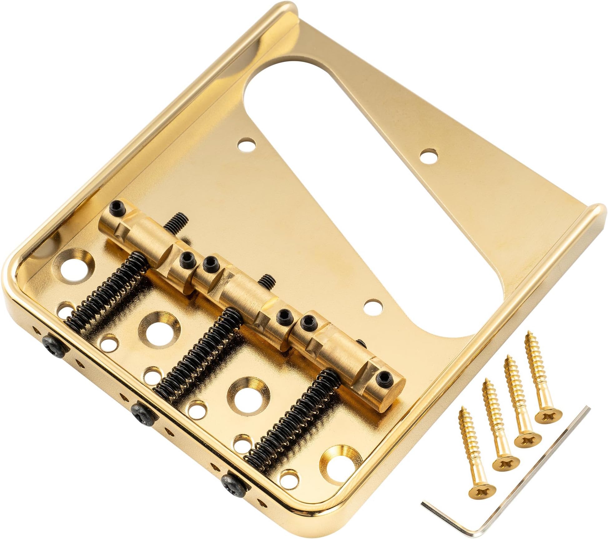 Musiclily Ultra 54mm (2-1/8 inch) String Spacing Full Solid Aluminum Plate with Brass Compensated 3-Saddle Vintage Tele Style Bridge, Gold