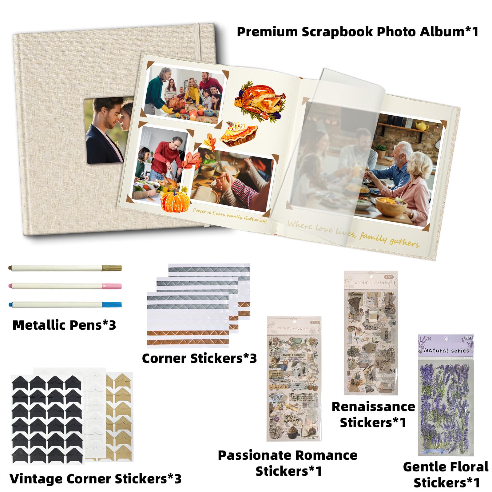 Álbum Fotográfico de Lino 30x30 cm Vienrose con Espacios para Texto, Scrapbook DIY 60 Páginas Beige