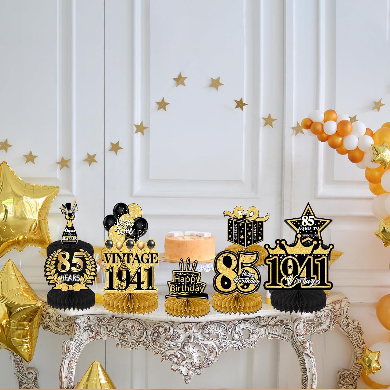85th Birthday Party Decorations, 9PCS Happy Birthday Table Honeycomb Centerpiece Decoration Men, Vintage Black and Gold Cheers to 85 Years Party Decor Women - Image 5