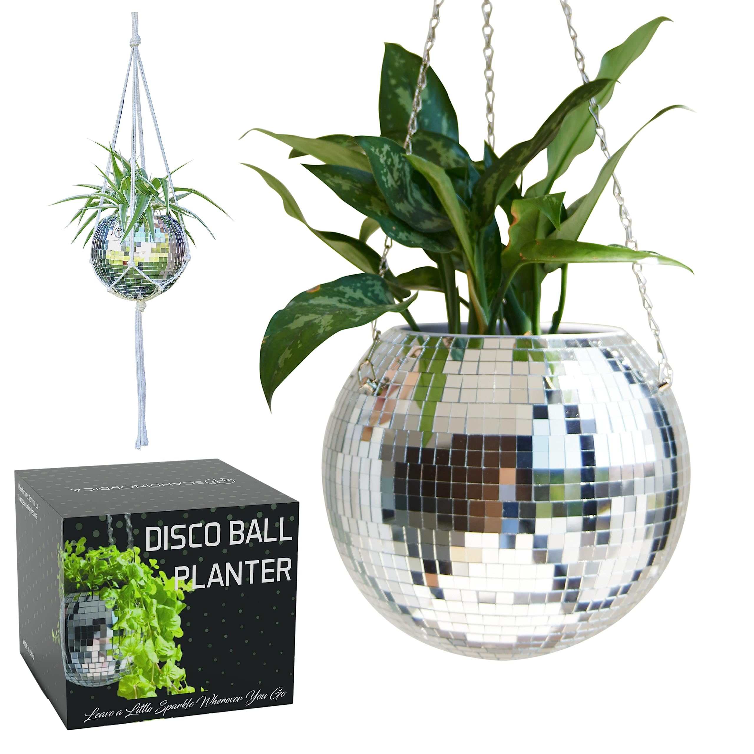 SCANDINORDICA Disco Ball Planter – Value Package: Mirror Disco Planter with Chain, Macrame Hanger and Acrylic Stand for Desk, Includes Self Watering Insert, Eclectic Home Decor | 10 inch Silver