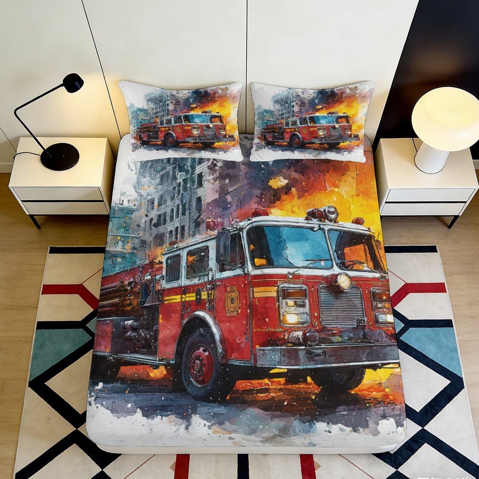 3D Printed Fire Truck City Blaze Fitted Sheet Microfiber Non-Slip Bed Sheet for Bedroom Dorm Easy Care Decor 160x200x25cm
