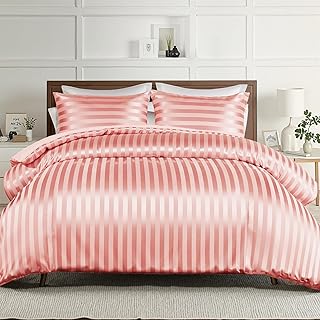 Whale Flotilla 3-Piece Reversible Silky Soft Queen Comforter Set, Luxury Stripe Satin Comforters Full Size Bedding Set with 2 Satin Pillowcases, Lightweight Duvet for All Seasons, Pink