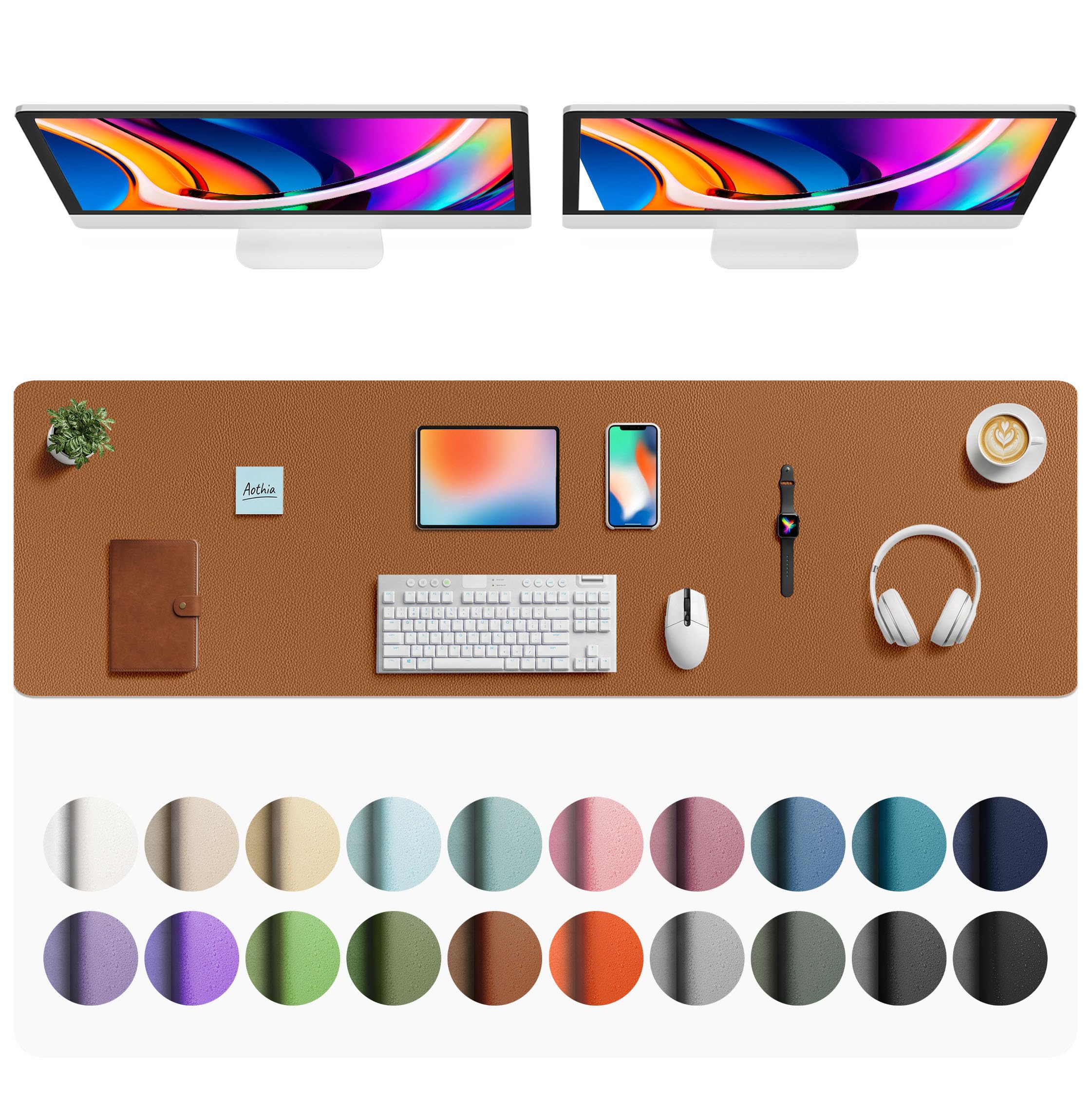 Aothia Faux Leather Desk Mat - Large Mouse Pad, Non-Slip PU Leather Blotter, Waterproof Writing Surface for Office and Home (Brown, 63" x 17")