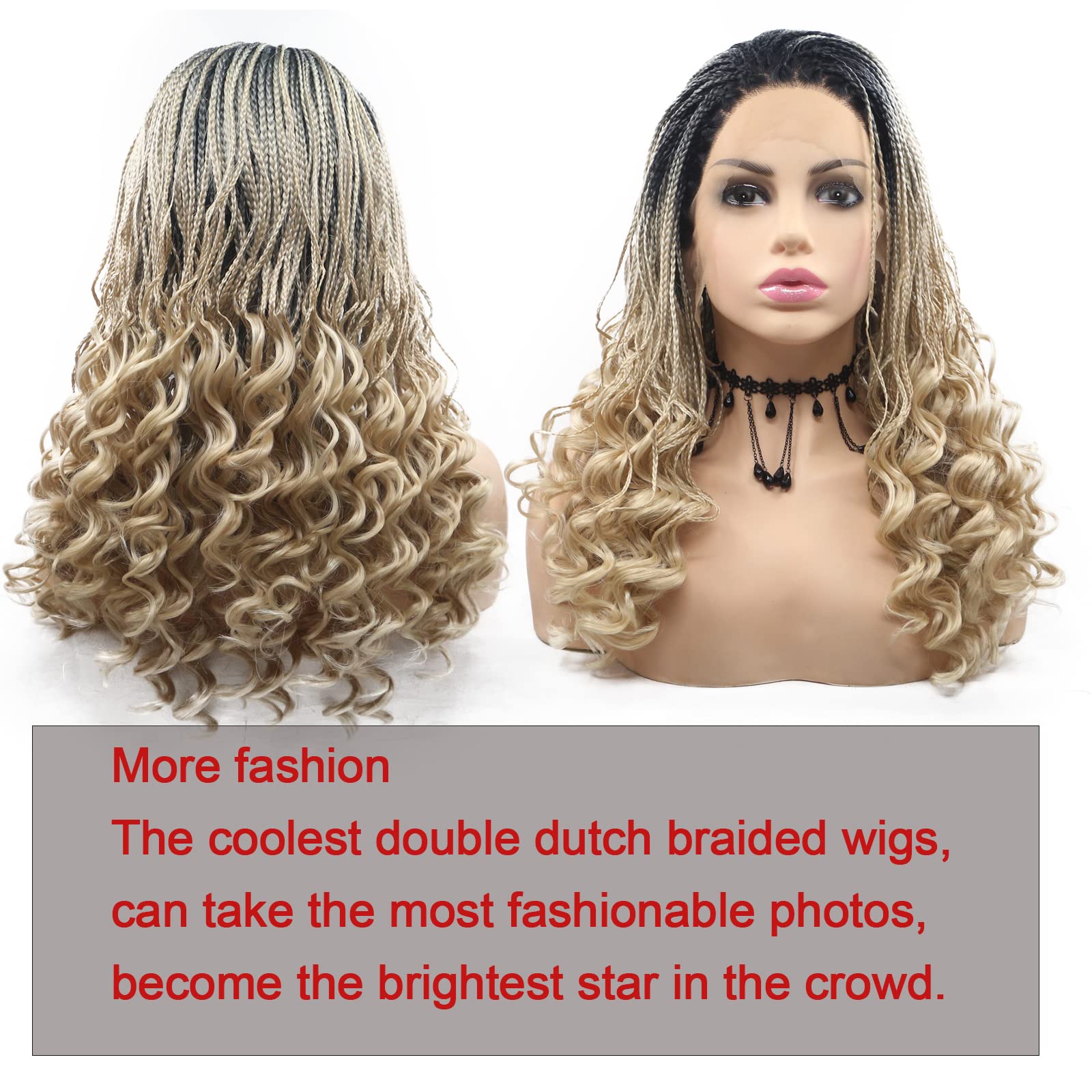 Cornrow Braided Blonde Wig Synthetic Lace Front Wig Curly Free Part Soft Natural Ombre Braids Wigs for Women Micro Braid Wig with Baby Hair Glueless Heat Resistant Fiber Hair Drag Cosplay 18Inch - Image 4