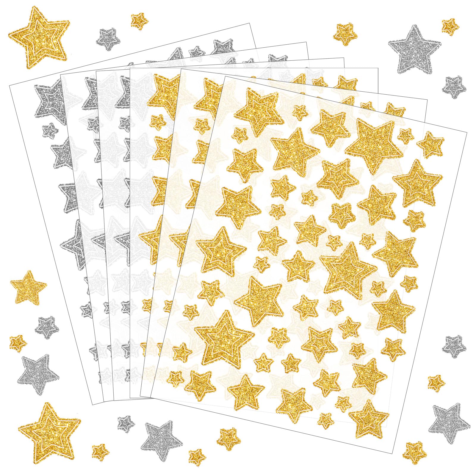 6 Sheets Glitter Gold and Silver Star Stickers, Self-Adhesive Five Star Reward Sticker Assorted Stars Labels for Crafts Christmas Decoration Scrapbooks Cards Teacher Stickers Stars