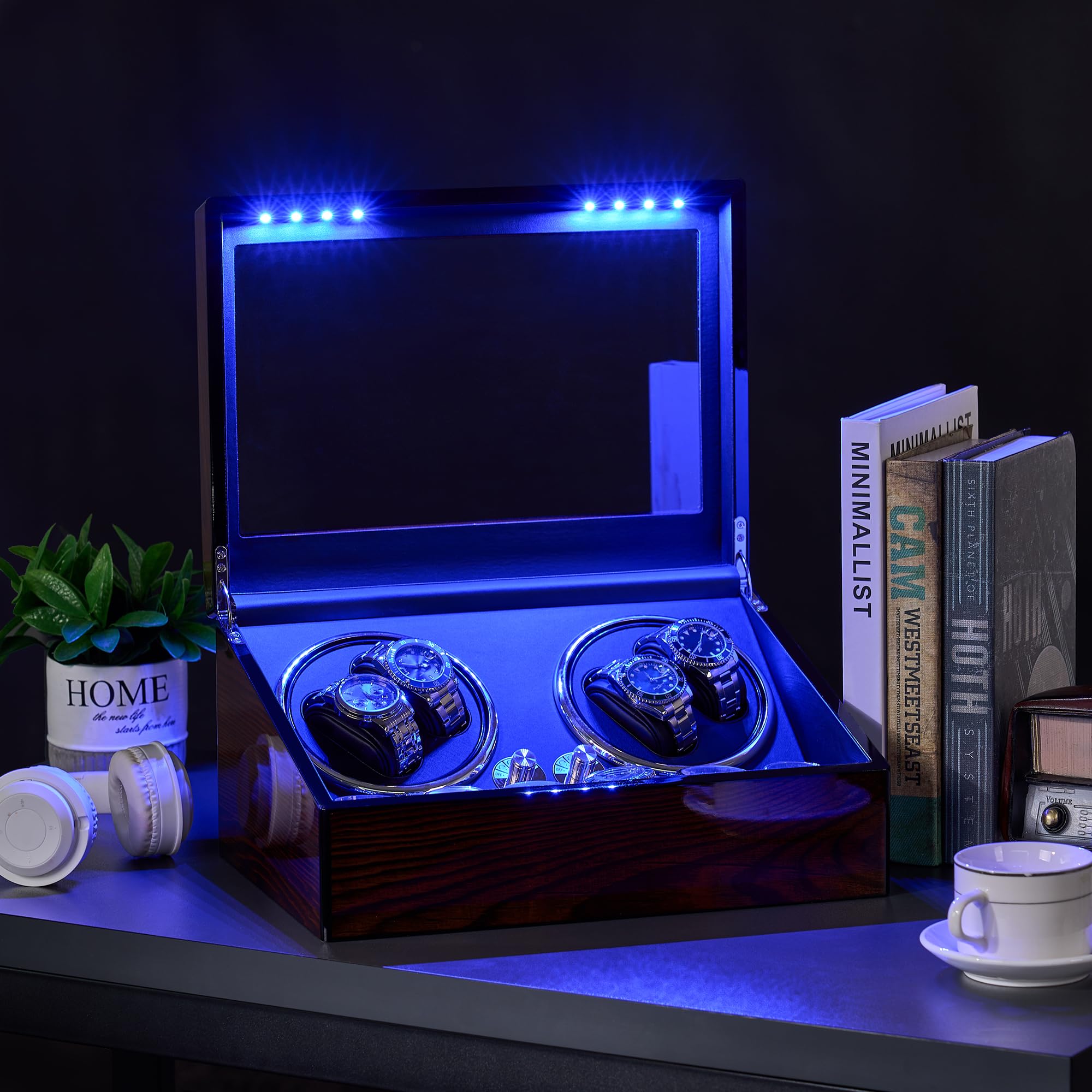 BEWISHOME Uhrenbeweger für Automatikuhren Automatische Uhrenbeweger Box | Uhrenbeweger mit LED-Licht, 4 Uhrenbeweger mit leisem Motor und 6 Aufbewahrungskoffer für Herrenuhren, Braun SYQ01Y
