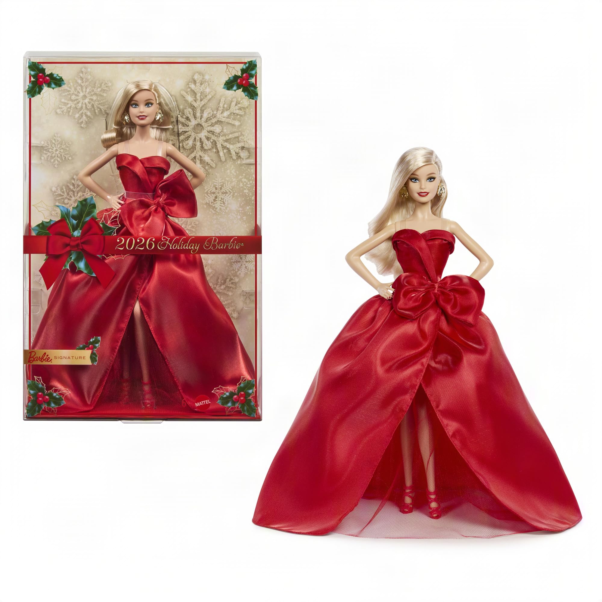 Barbie Signature Puppe, 2026 Holiday, Blonde Modepuppe | mit Schleifenkleid in Rot, saisonale Sammlerpuppe in einer Verpackung zum Ausstellen und mit Puppenständer, JJX70