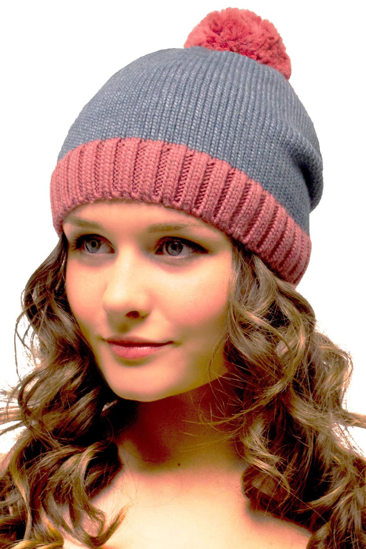 Entire Empire Women's Pink And Grey / Blue Bobble Hat Uk Pink Grey - Woolly Hat Winter Beanie With Pompom For - Wooly, Woolen, Woollen Pom Pom Hat For (Pink And Grey/Blue)