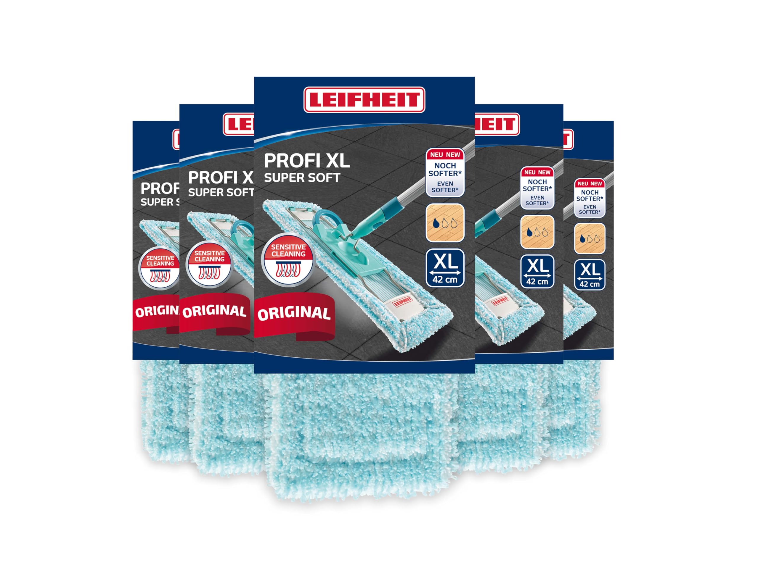 Leifheit 5er Set Wischbezug Profi XL super Soft für Sensible Böden, Bodenwischer mit Spezialfasern, Wischer Ersatzbezug für minimale Wasseraufnahme, für Parkett, Laminat und Kork