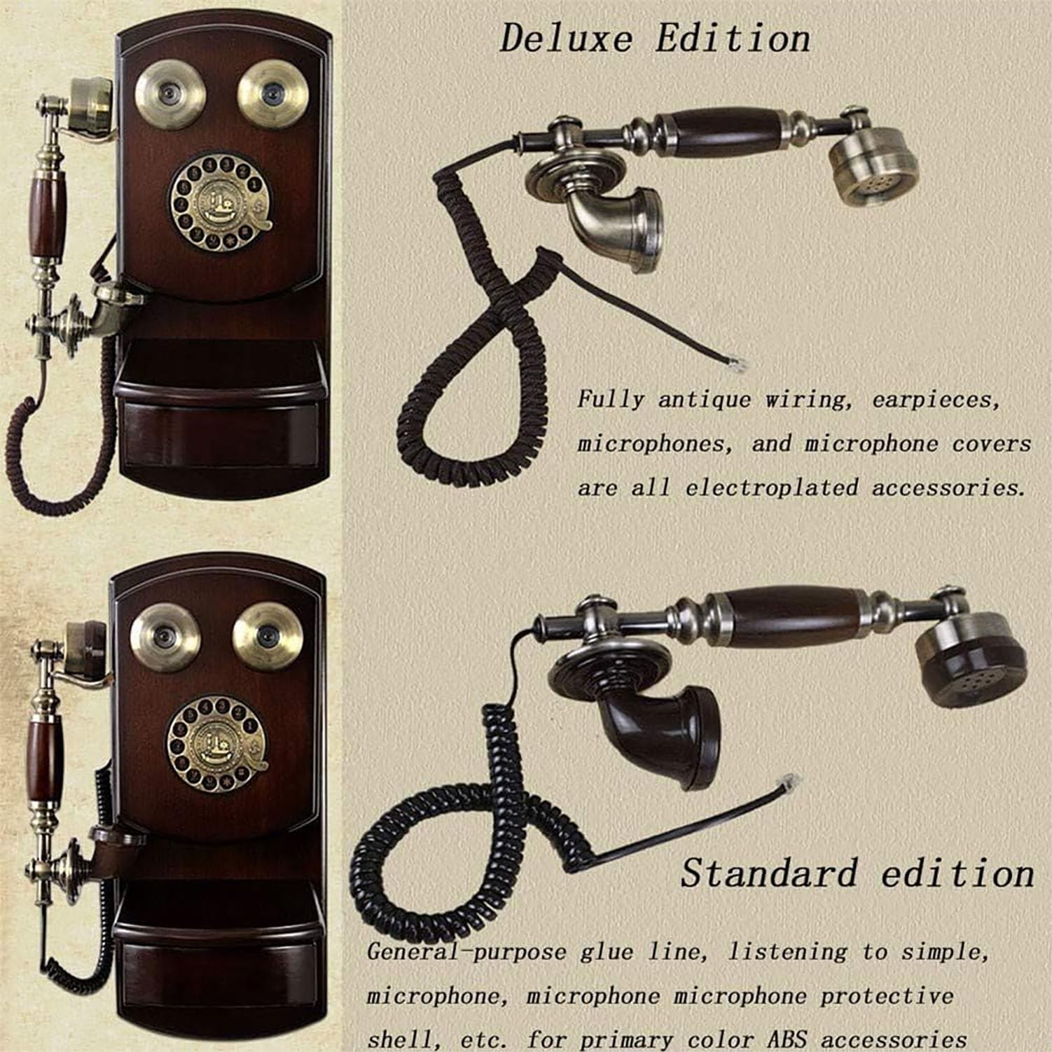 Drewniany telefon ścienny w stylu vintage, z obrotową tarczą, funkcja połączeń bez użycia rąk, dekoracja retro, do domu, salonu, biura, kawiarni