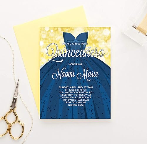 Miniatura 3 de Modern Pink Paper Quinceanera Invitations Royal Blue and Gold, Quinceanera Dress Invitations, Your choice of Quantity, Info, and Envelope Color