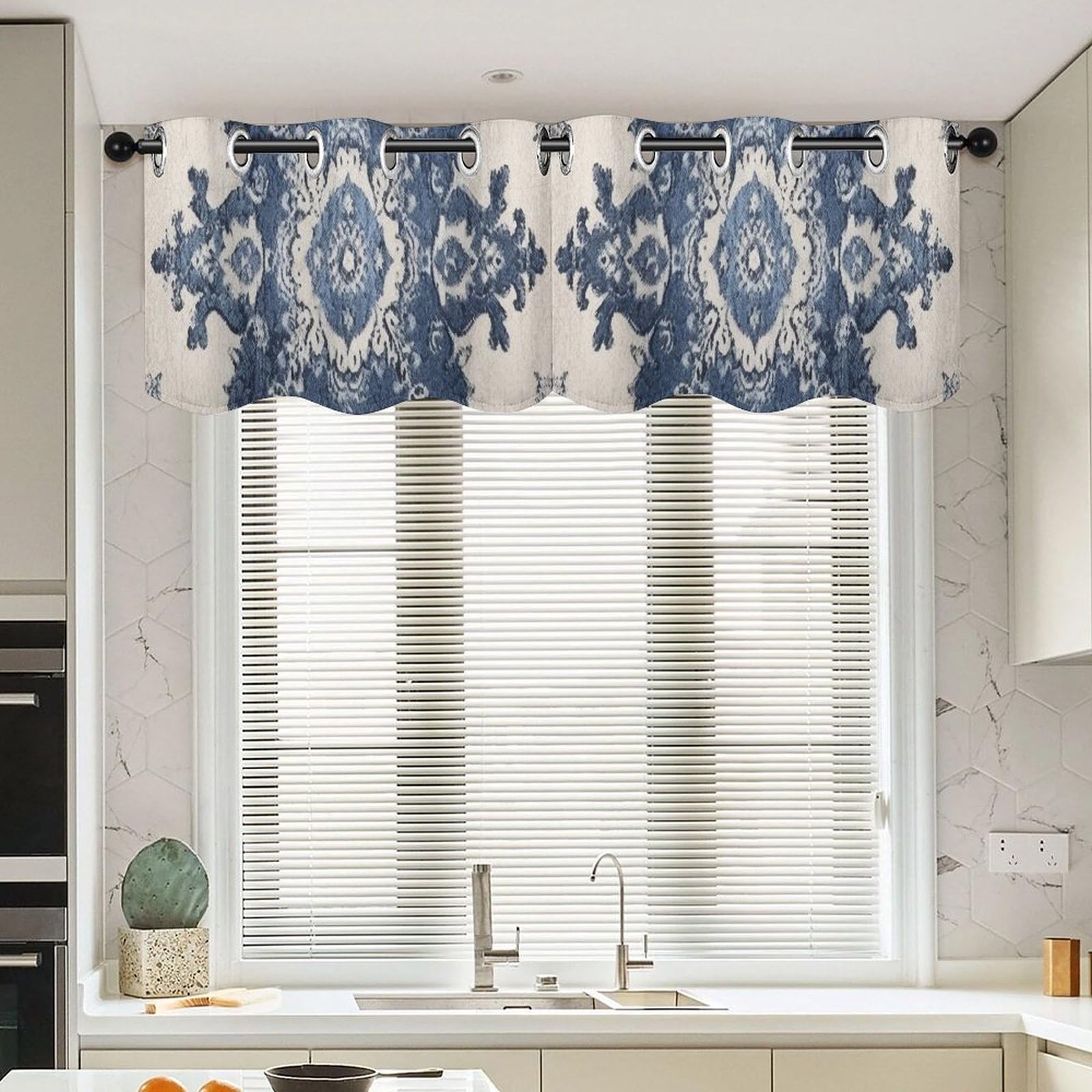 Rideaux de cuisine occultants légers en motif damassé bleu de 132 x 45,7 cm