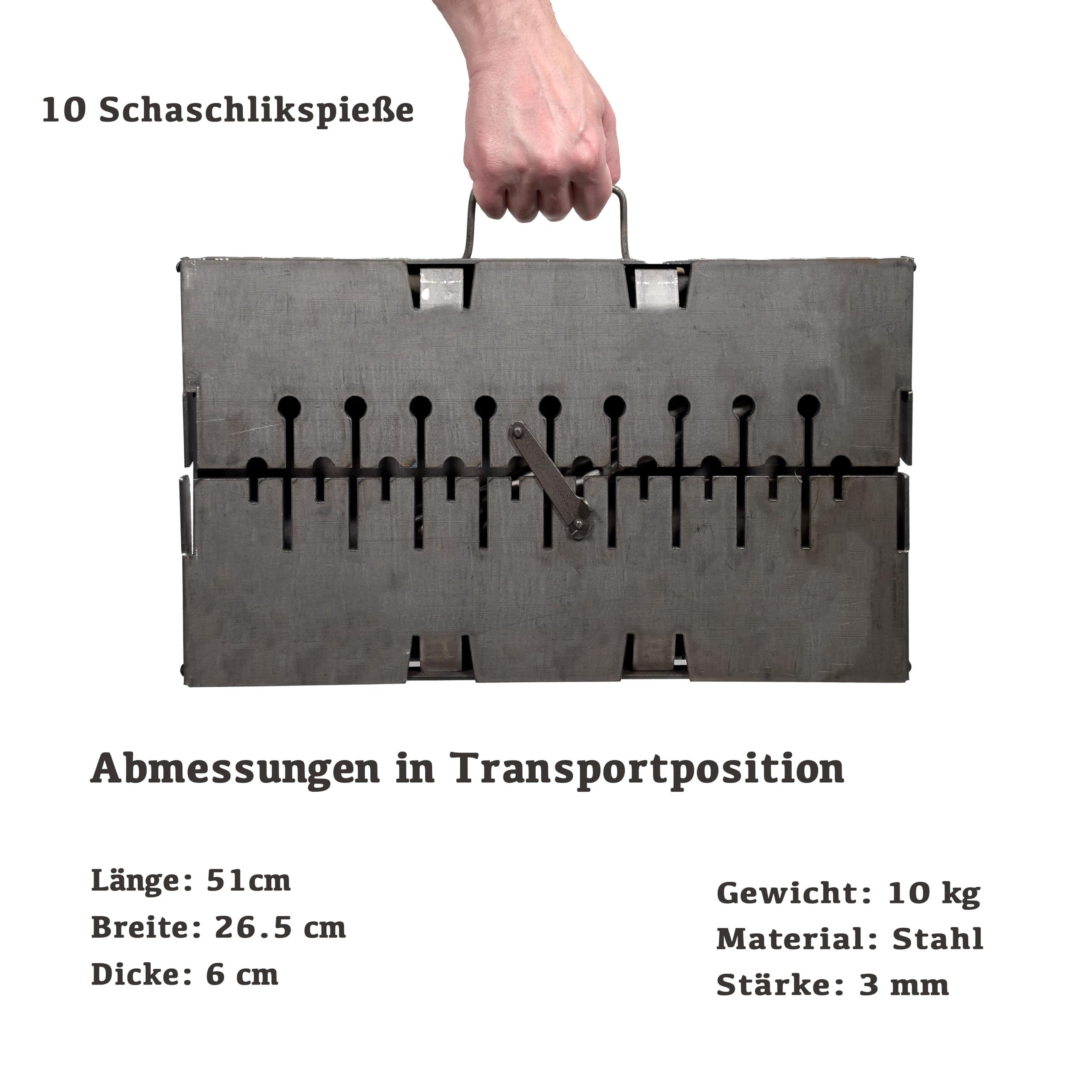 Faltbarer Schaschlikgrill „Verstärkt“ für 10 Spieße – Holzkohlegrill aus 3 mm Stahl, kompakt als Koffer faltbar, stabile Bauweise, ideal für Garten, Camping & Picknick