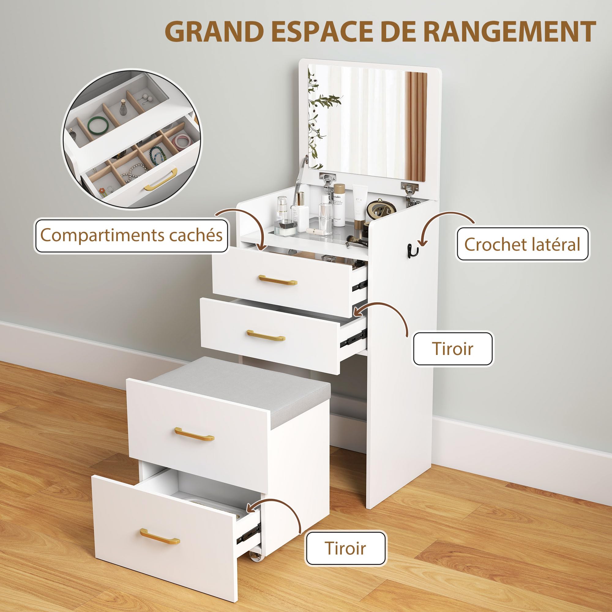 HOMCOM Coiffeuse avec Miroir et Tabouret 3 en 1 48 x 40 x 90 cm Blanc | Table de Maquillage, Plateau en Verre Visible, 3 Tiroirs, Coussin Rembourré, Roulettes, Bureau Coiffeuse