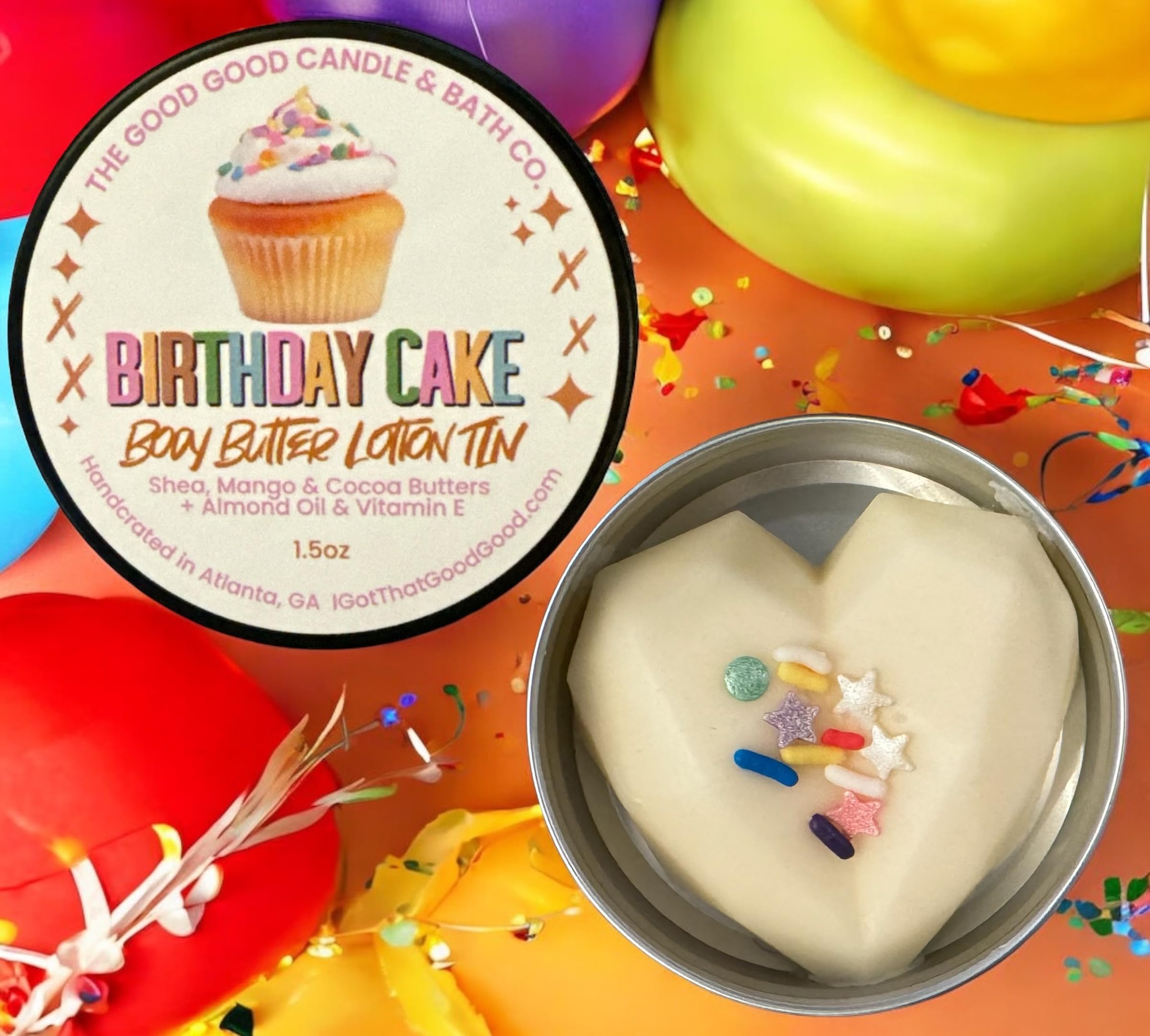 The Good Good Candle & Bath Birthday Cake Body Butter Lotion Tin, 1.5oz, Shea, Mango & Cocoa Butters