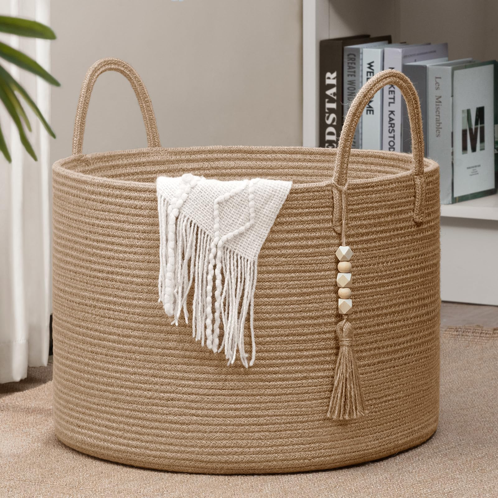 Goodpick Large Wicker Laundry Basket Jute Woven Basket for Clothes, Shoes, Towels, Decorative Storage Basket in Living Room, Bathroom, Entryway, Round Toy Basket 17.7 x 12.6 Inches, Jute