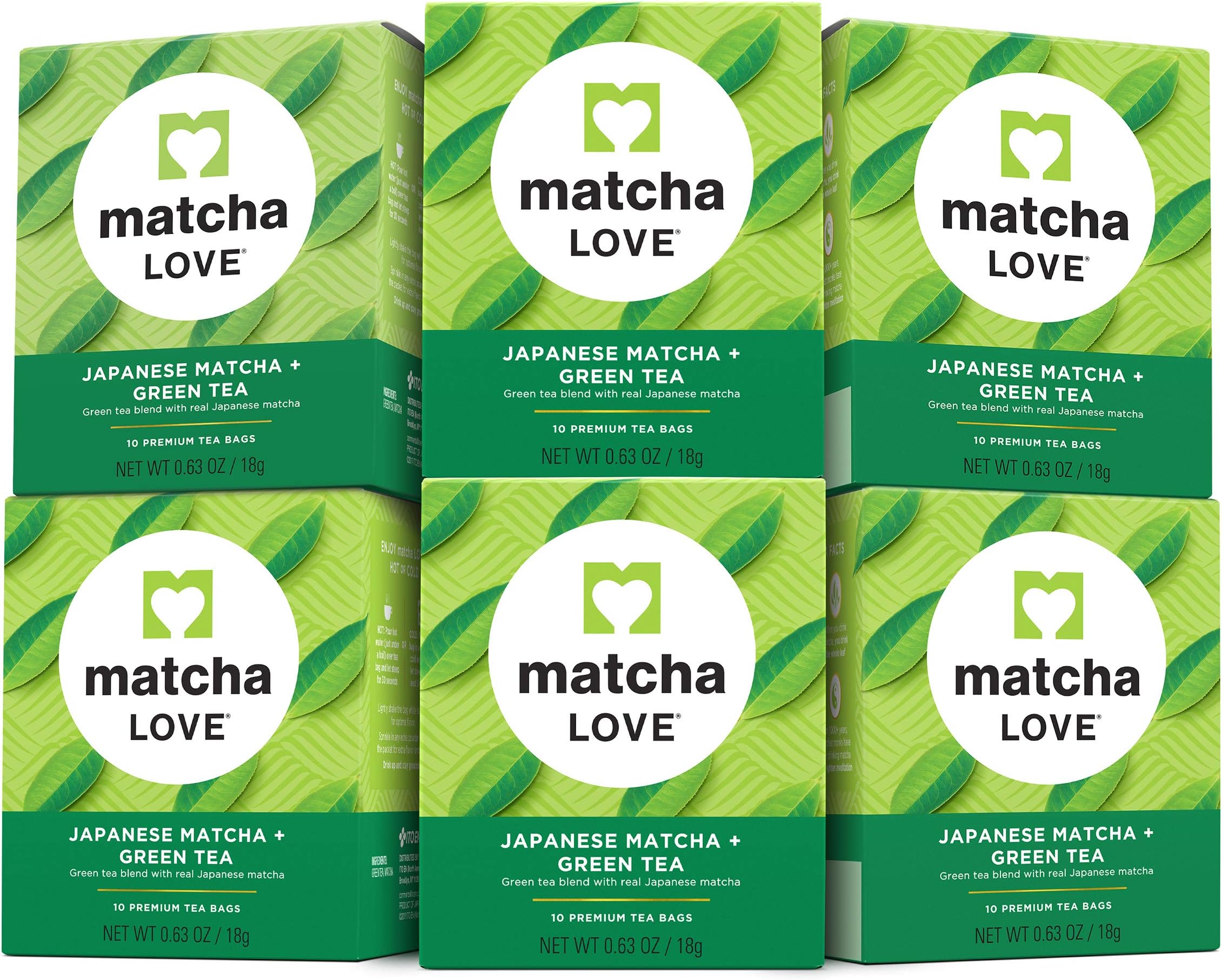 Matcha Love Japanese Matcha + Green Tea, 10 Premium Tea Bags (Pack of 6)