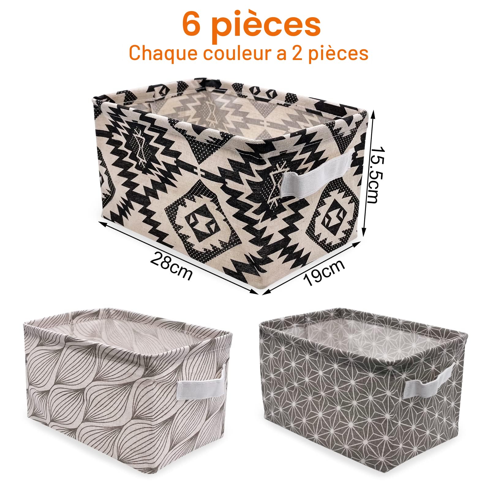 Petit Panier Rangement Tissu Lin, Lot de 6 Pliable Boite Rangement Tissu avec Poignées, Étanche Stockage Corbeille Panier pour Tiroir, Jouets, Maquillage, Salle de Bain, 28 * 19 * 15cm