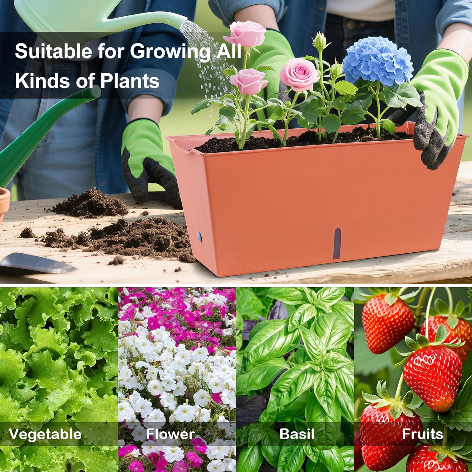 Window Box Planter 6 Pcs, 16.5 Inches Self Watering Rectangle Flower Plant Pots with Drainage Holes Trays, Vegetable Planters for Windowsill Patio Garden Balcony Porch Yard (Orange)