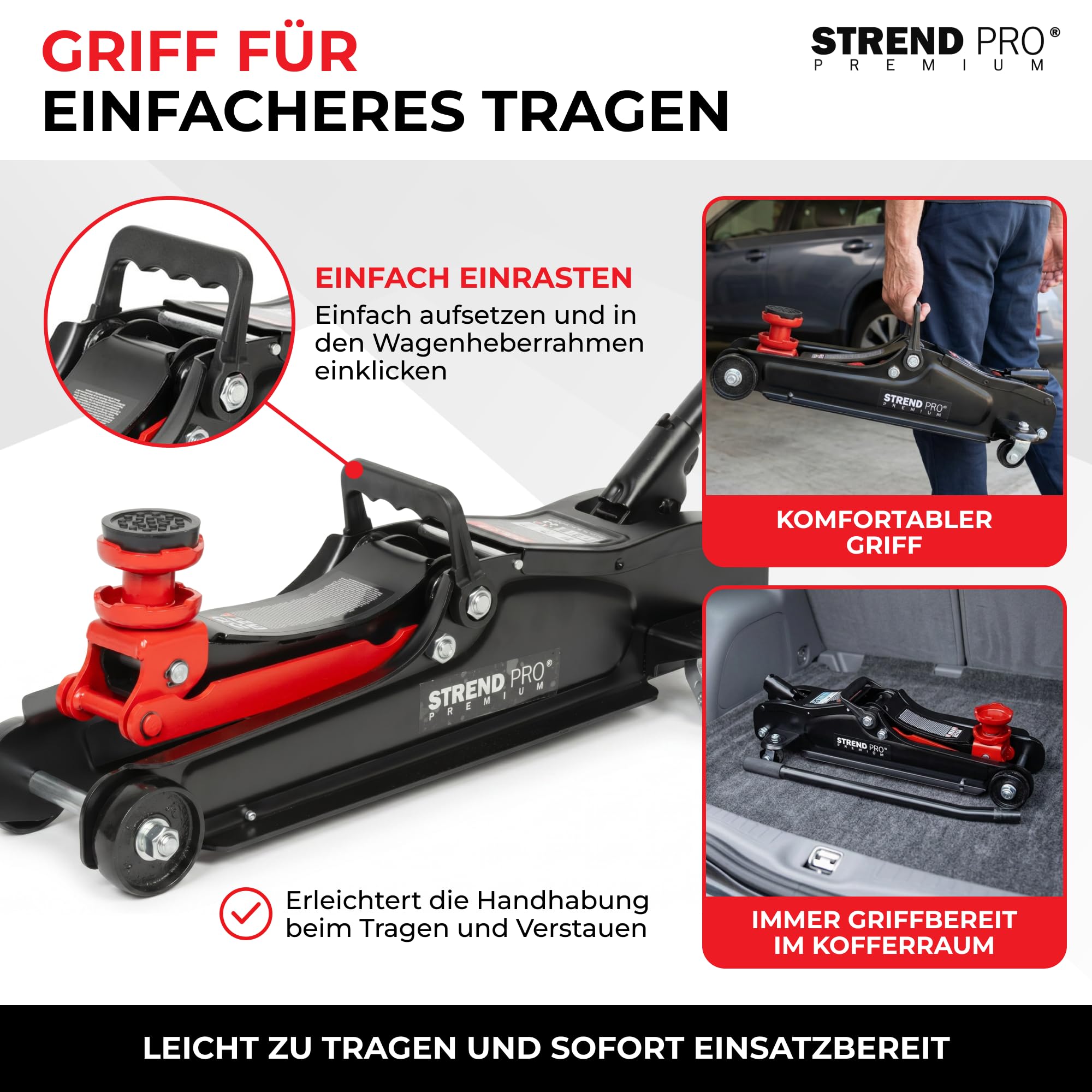STREND PRO Premium Rangierwagenheber 2,5 t, hydraulischer Wagenheber flach, 80-360 mm Hubhöhe, fahrbar, mit Gummiadapter, niedrige Bauform für PKW