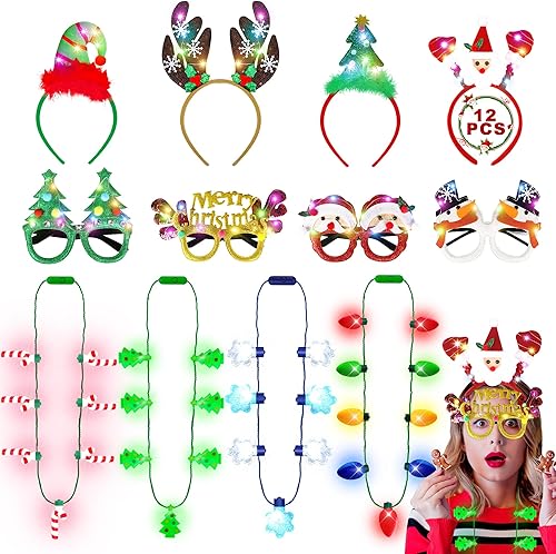 12 piezas de recuerdos de fiesta de Navidad iluminados, juego de collar de Navidad, diadema y lentes, collar de árbol de copo de nieve con bombilla,