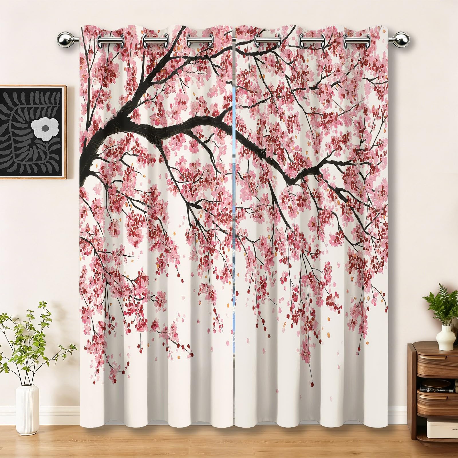 Generisch Vorhänge Ösen H200 x B70 cm 2 Stück, Rosa Natur Verdunkelungs Schalldicht Gardinen, Aquarell Blumen Kirschblütenbaum Langlebig Farbecht Wärmeisoliert Vorhang für Schlafzimmer Wohnzimmer