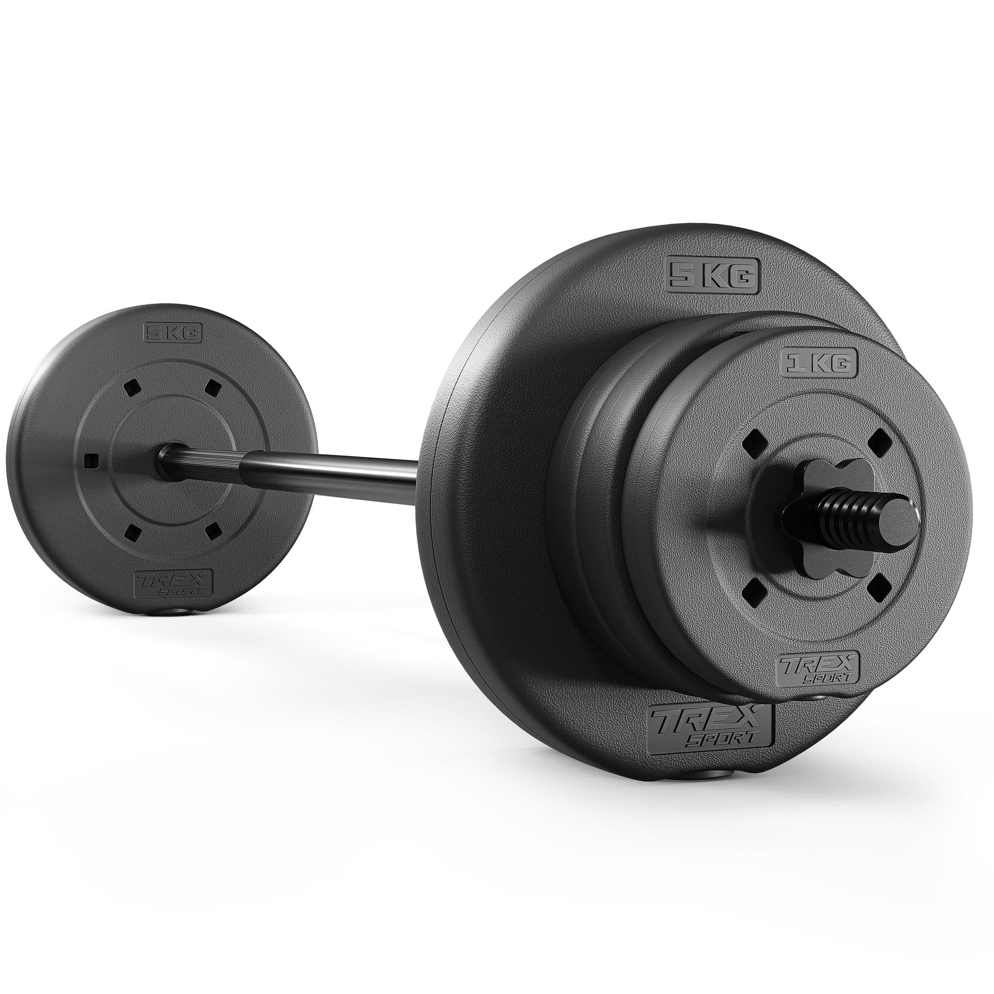 TREX SPORT Langhantel Set 22 kg | Hantelset mit Langhantelstange 120 cm | Aus Stahl und 8 Hantelscheiben aus Kunststoff in Schwarz mit mattem Finish für Krafttraining zuhause