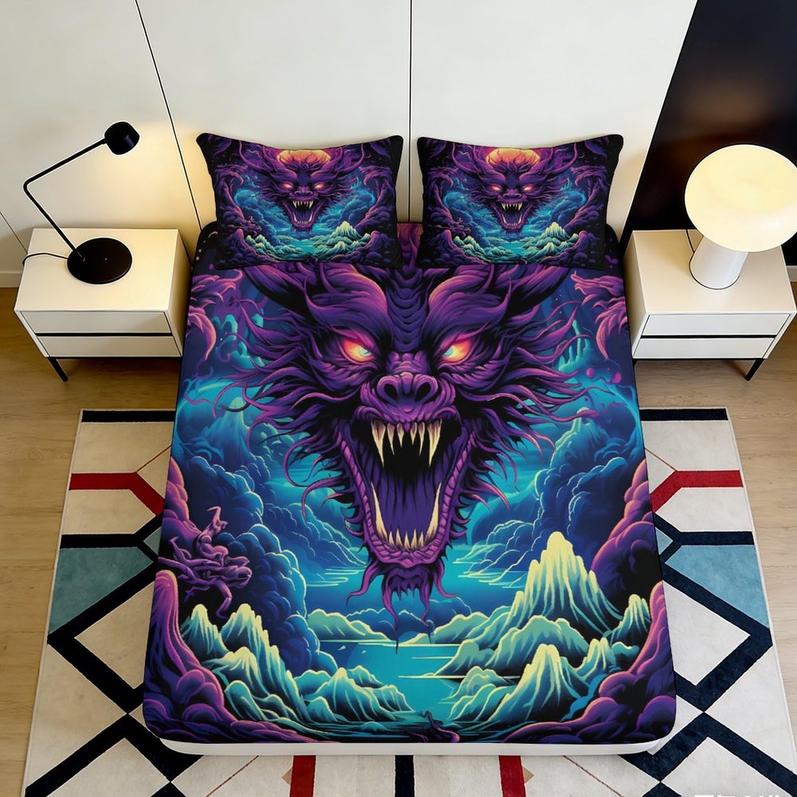 Pnayamiorkfel Style-1 3D Printed Dark Dragon Fitted Sheet Microfiber Soft Breathable Purple Thunder Mattress Cover For Bedroom Dorm Home Decor 90X200x25cm