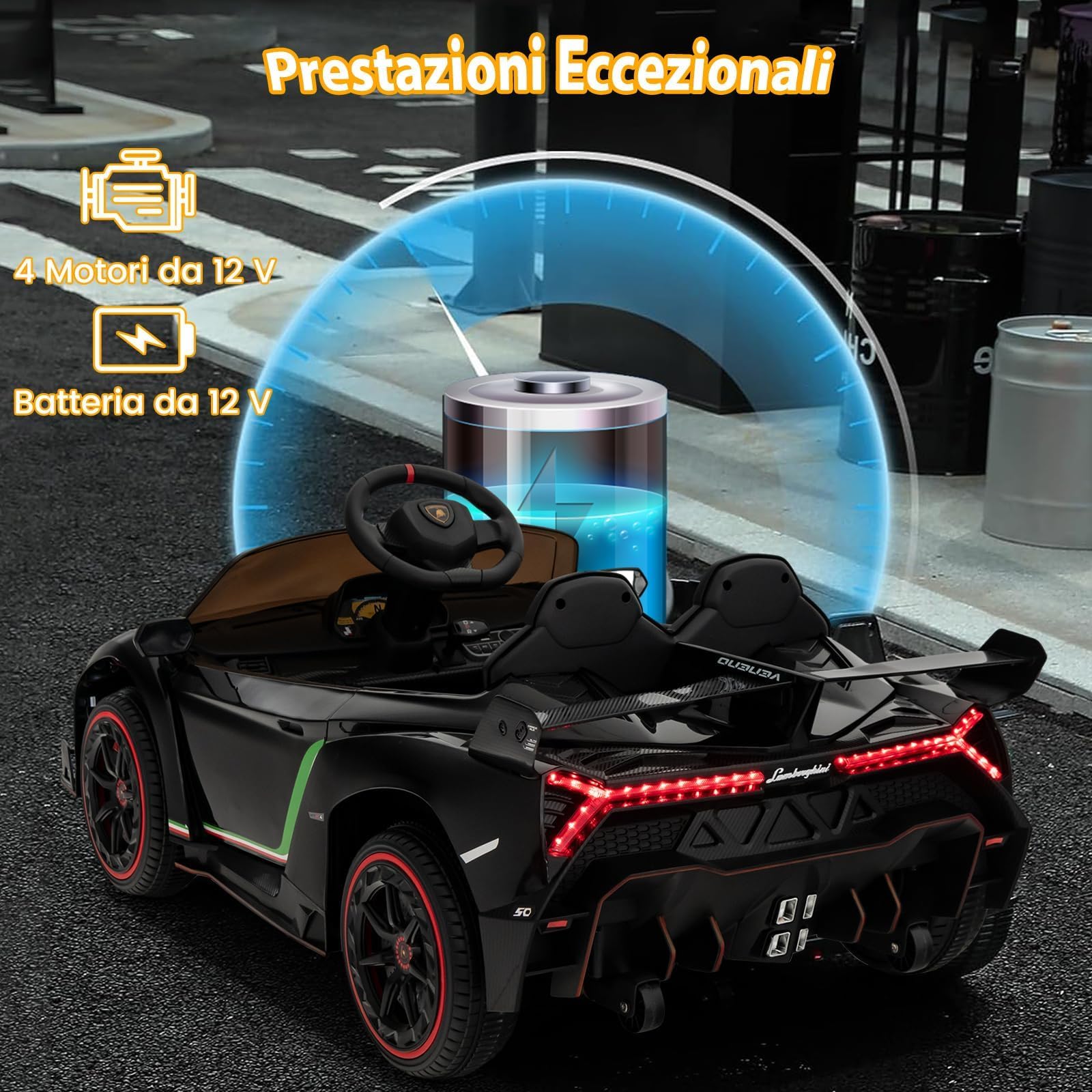 GYMAX Auto Elettrica Lamborghini, Macchina Giocattolo a Trazione Integrale con Telecomando, Luci LED, Funzione USB & MP3 & Dondolo, Veicolo per Bambini 3-8 Anni, Velocità 3-6 KM/H (Nero)