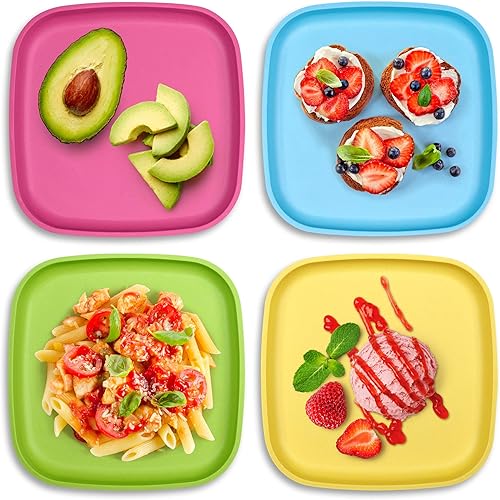 Miniatura 2 de GET FRESH Juego de platos PLA para niños, paquete de 4 platos llanos sin melamina para niños y niños pequeños, aptos para microondas, apilables, sin