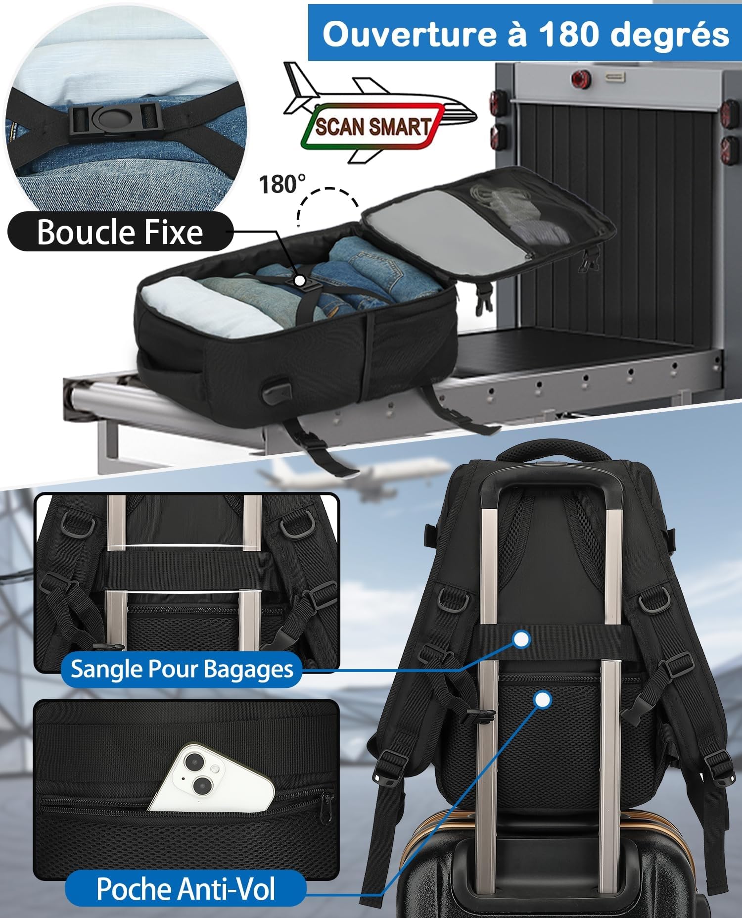 KLOSTAIN Sac à Dos Voyage Cabine Avion 45x36x20 pour Easyjet 30L Bagage Cabine Grande Bagage à Main sous Le Siège Sac à Dos Homme pour Ordinateur Portable 14 Noir