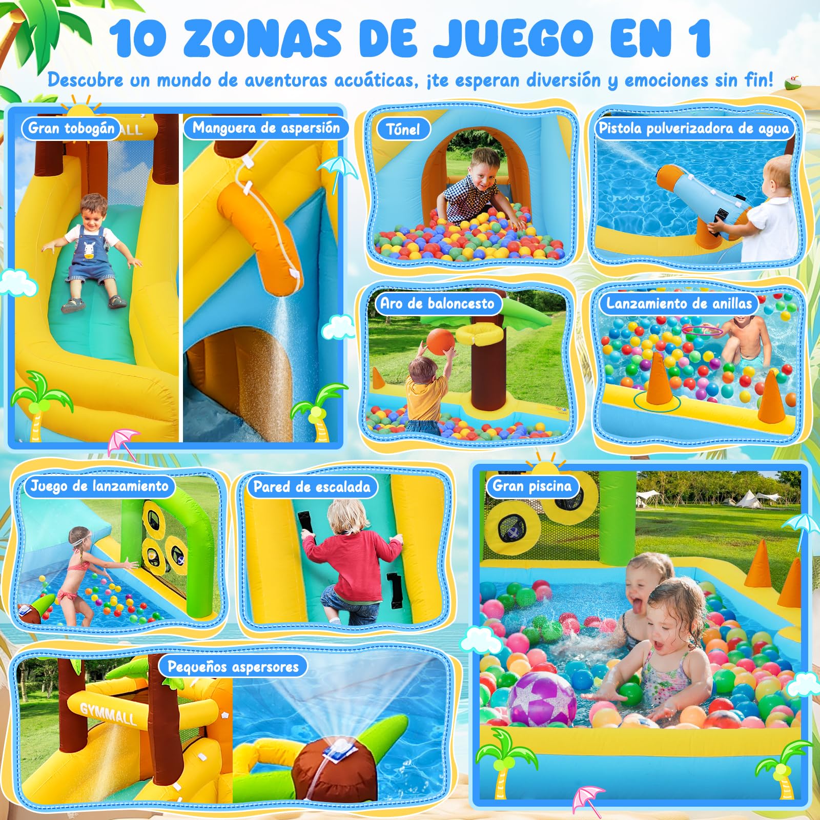 Tobogán Inflable de Agua con Ventilador 450W - Castillo Hinchable 10-en-1 para Niños en Interior y Exterior con Piscina, Aspersores y Tobogán Largo