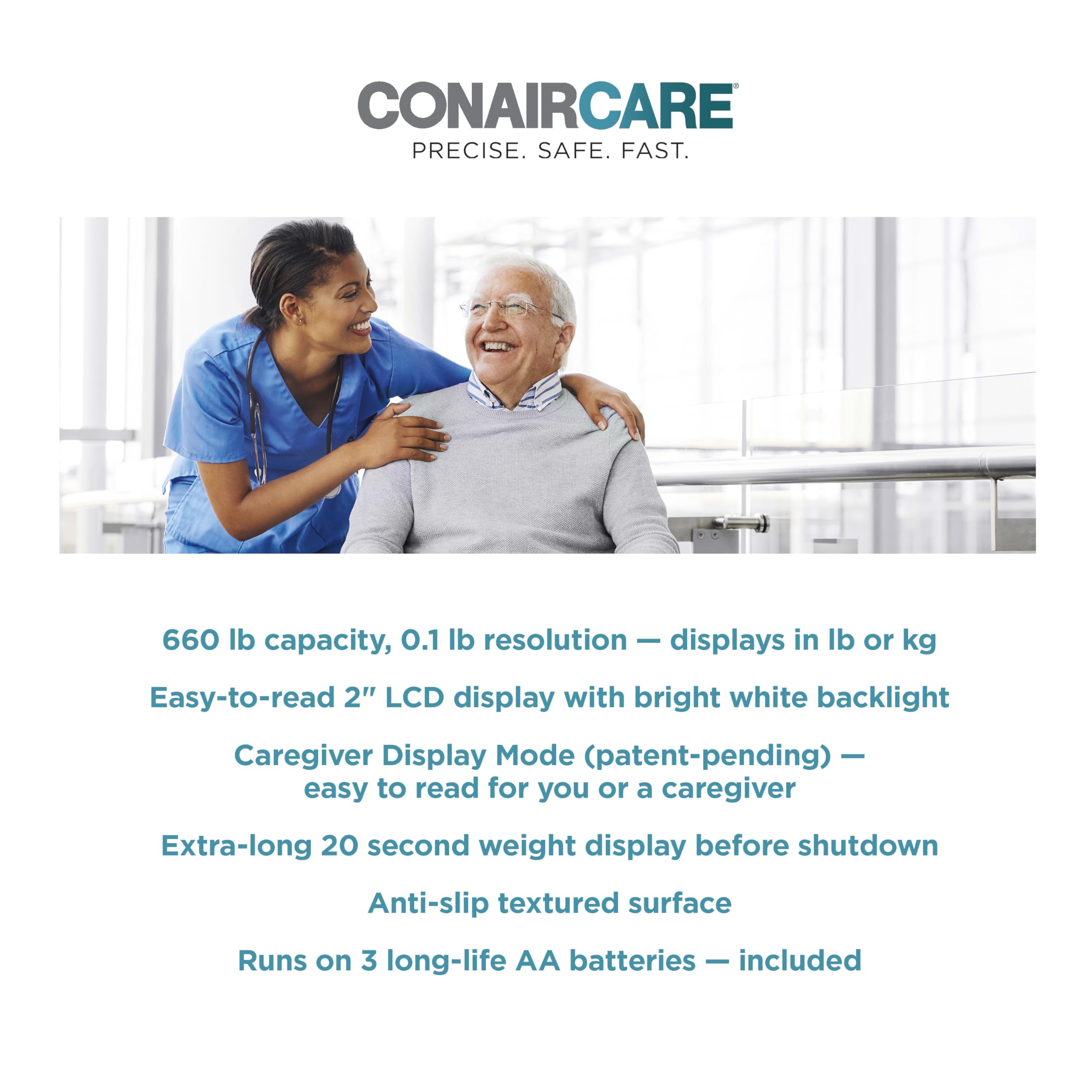 Conair Báscula de baño para peso corporal, báscula de baño parlante de alta capacidad en inglés y español, 660 libras. Límite de peso mejorado con pantalla LCD retroiluminada XL y plataforma estable y